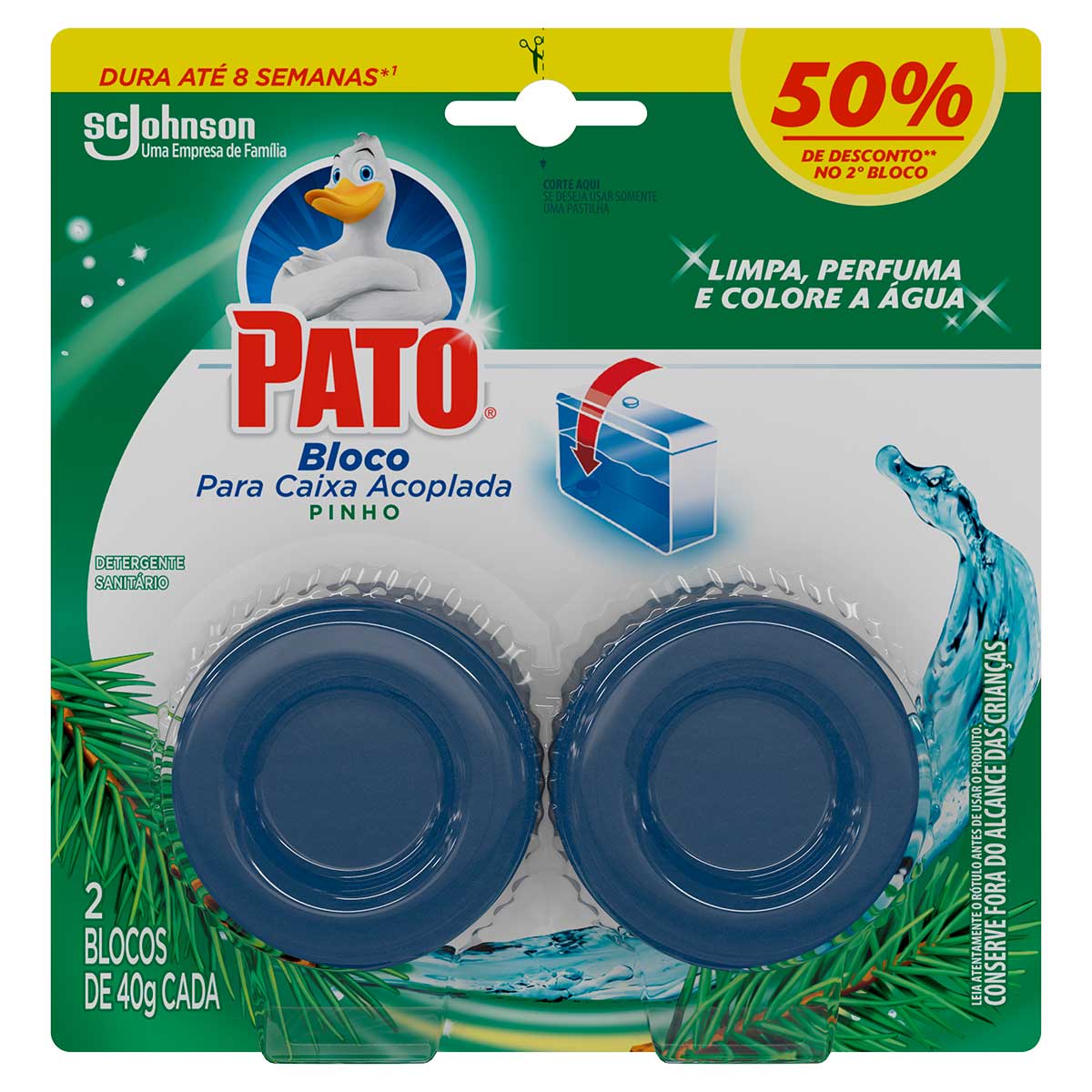 Detergente Sanitario Bloco para Caixa Acoplada Pinho Pato 2 Unidades 40g Cada Gratis 50% de Desconto no 2° Bloco