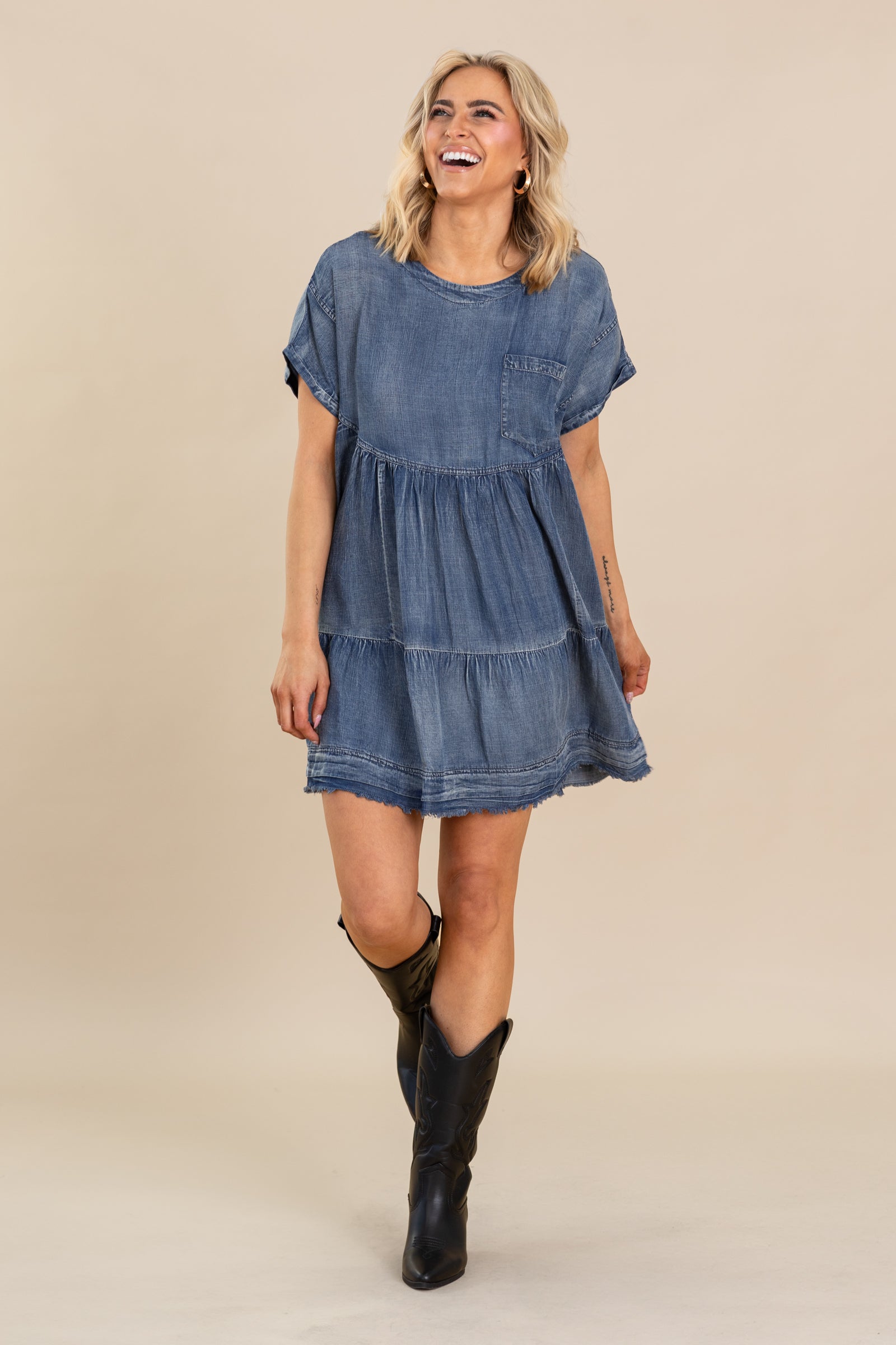 Denim Washed Chambray Oversized Tier Dress