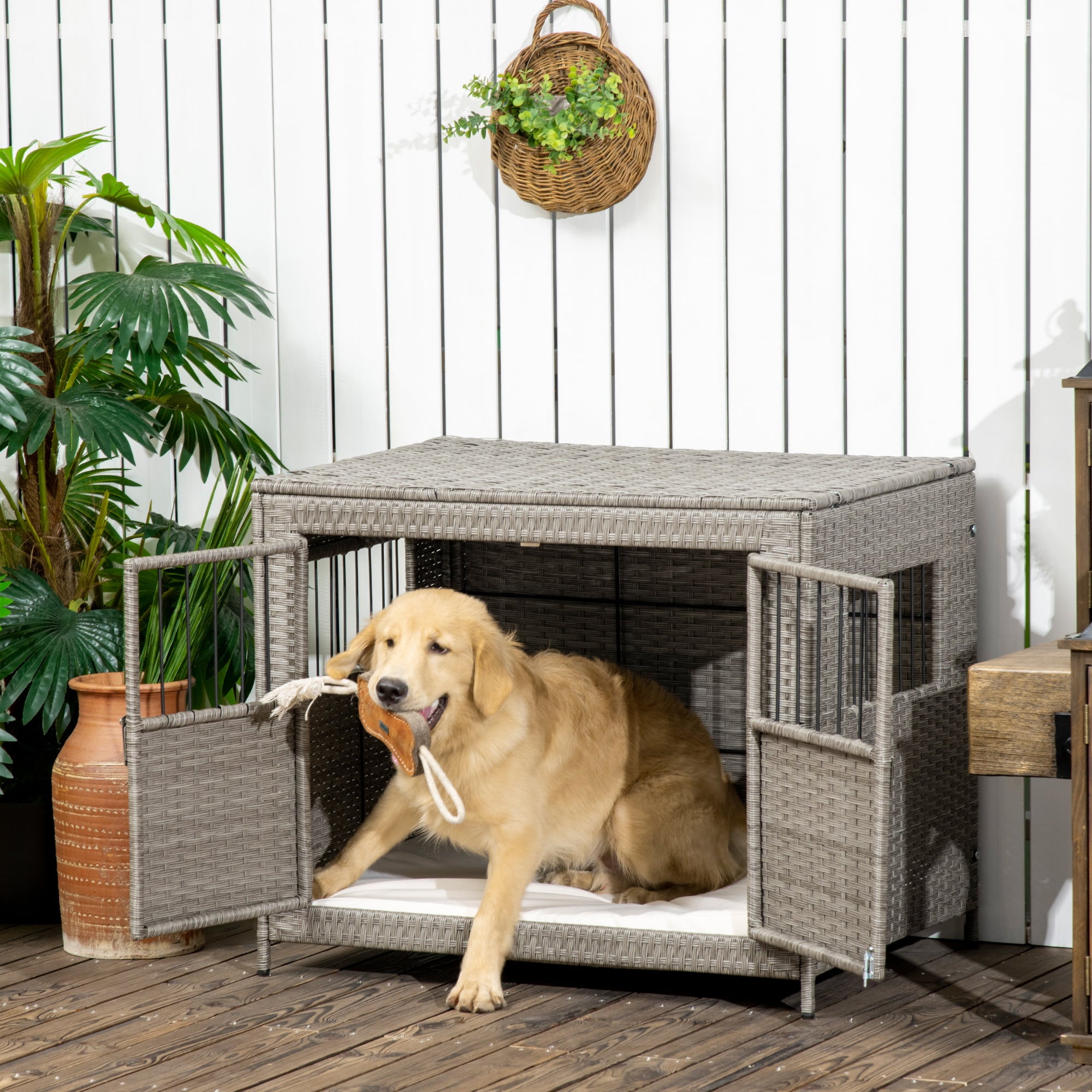 PawHut Rattan Dog Crate with Double Doors， Wicker Dog Cage with Large Entrance and Soft Washable Cushion， Dog Kennel Furniture for Medium to Large Sized Dogs， Grey