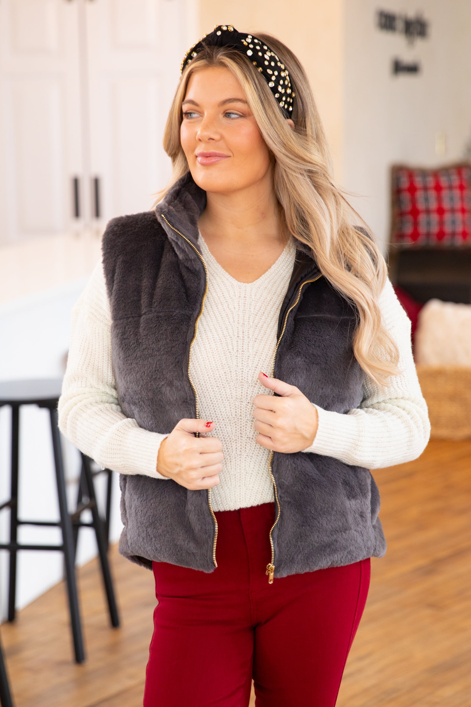 Graphite Faux Fur Full Zip Vest