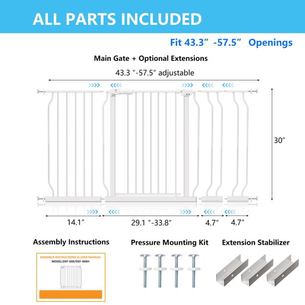 Extra Wide and Tall Baby Gate， Auto-Close and Hold-Open Pet Gates， Easy Walk Thru Indoor Safety Gate with 4 Pack of Pressure Mount Kit， Dog Gates with Optional Extension Kit for 43.3