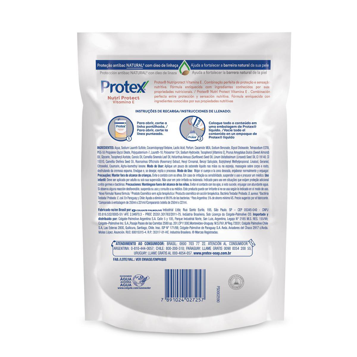 Refil Para Sabonete Liquido Antibacteriano Para as Maos Protex Nutri Protect Vitamina E 200 ml