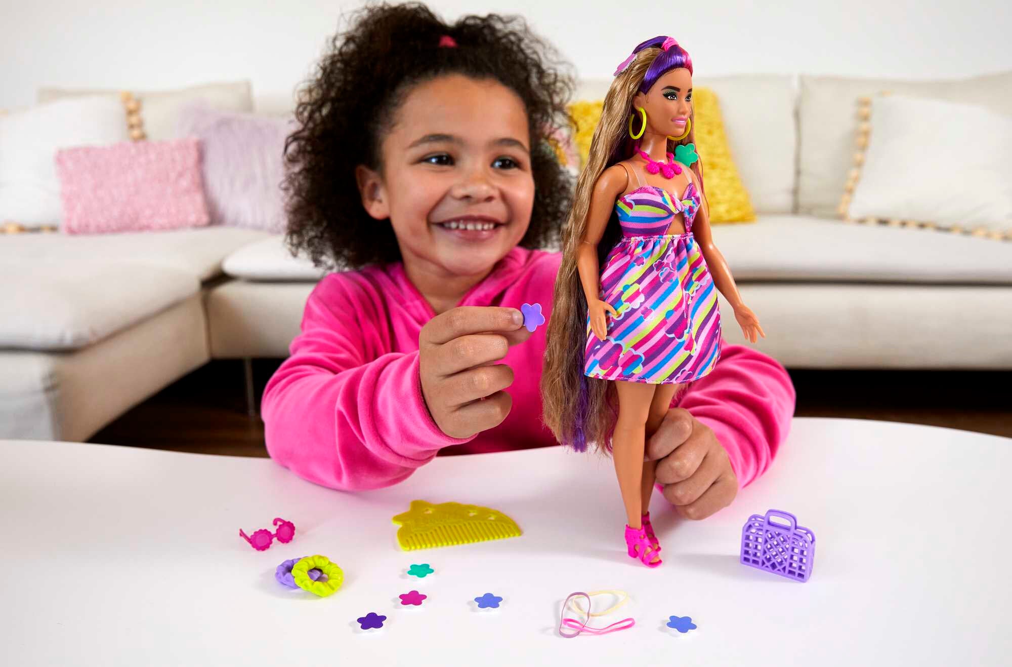 Barbie Totally Hair Fashion Doll with Flower Theme, Extra-Long Hair & 15 Styling Accessories