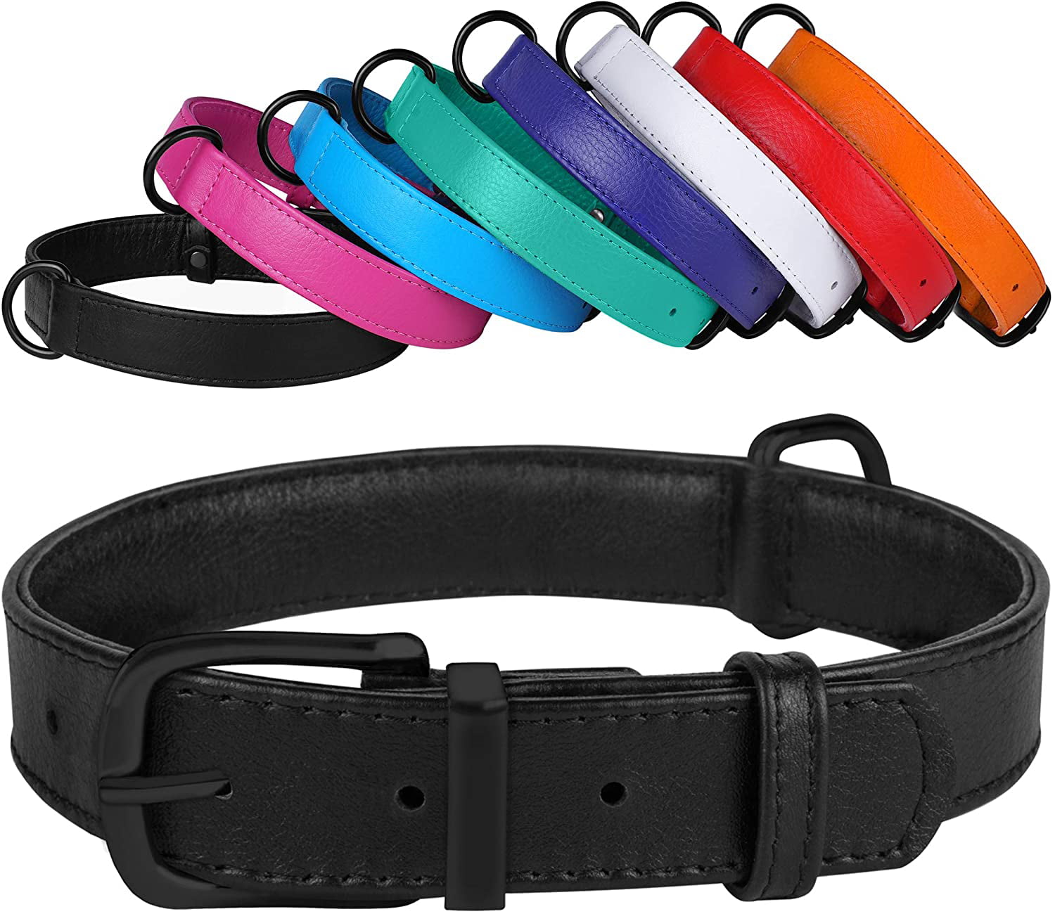 Leather Dog Collar Puppy Collars for Medium Dogs Soft Padded， Black