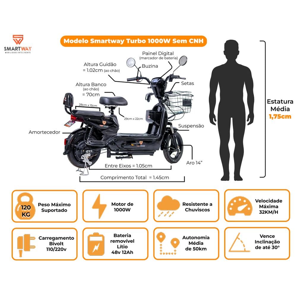 Bicicleta Elétrica Turbo 1000w Lítio Removível Sem CNH Scooter - Cor: Vermelho