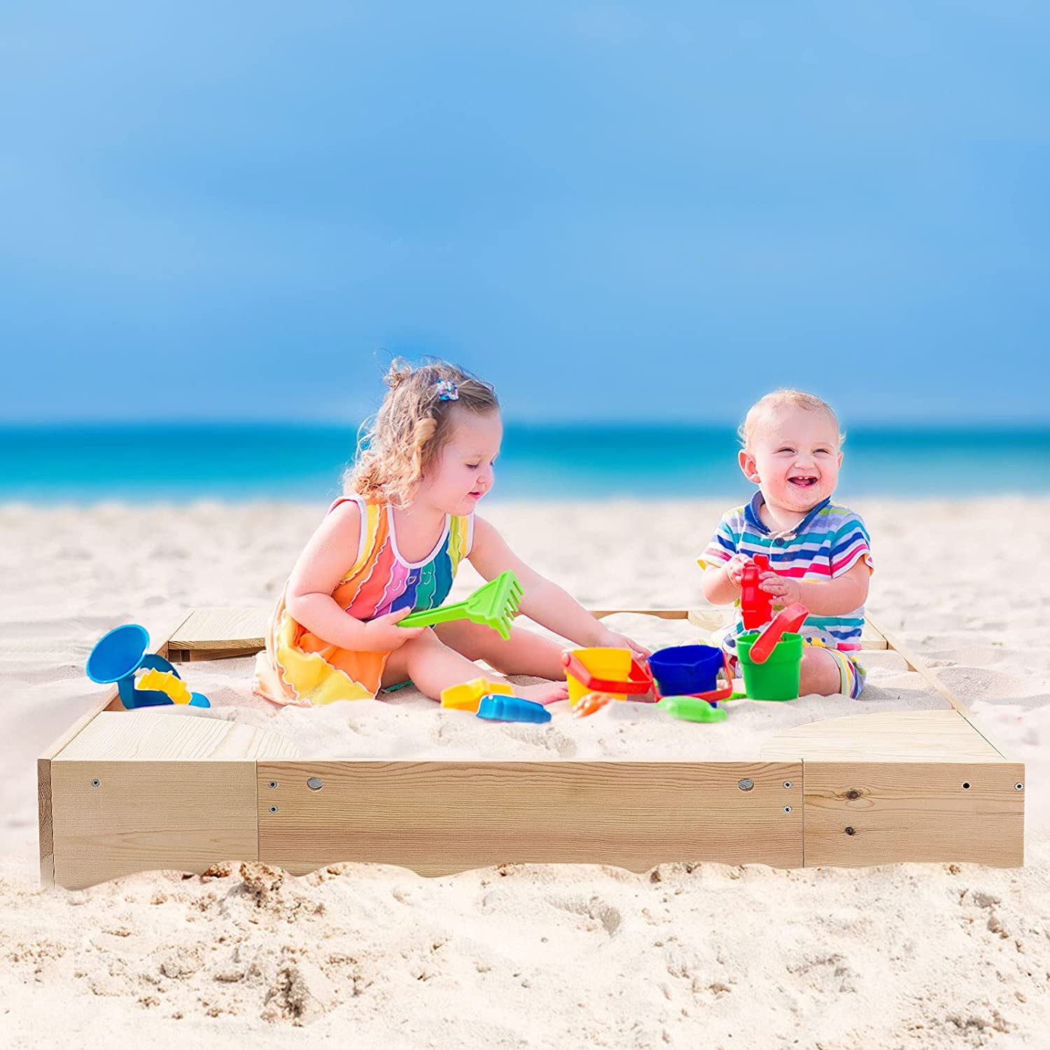 Arlopu Wooden Sandbox with Cover， Outdoor Kids Sandpit Box with 4 Built-in Corner Seats for Toddlers Age 2 to 8