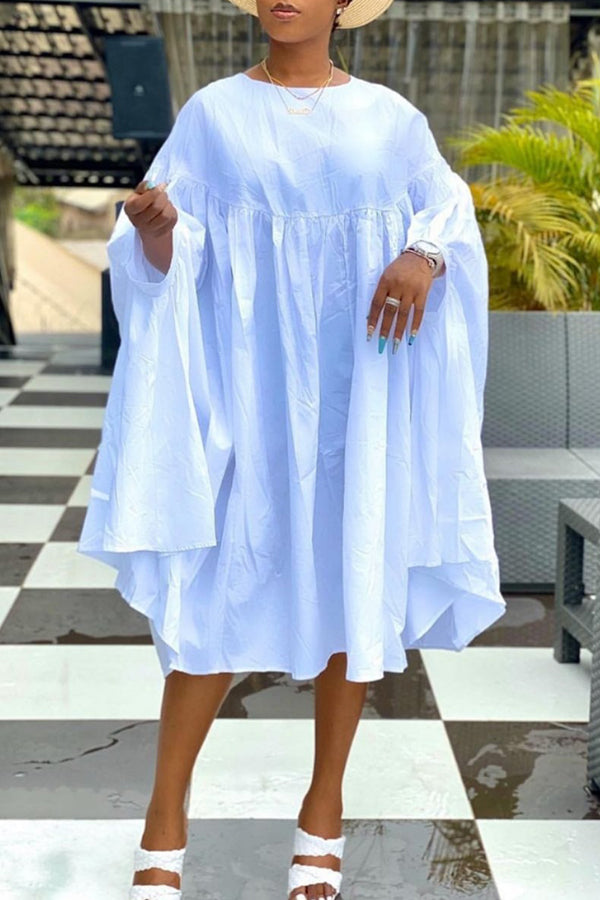 Casual Loose Solid Color Ruffle Plus Size Midi Bat Dress