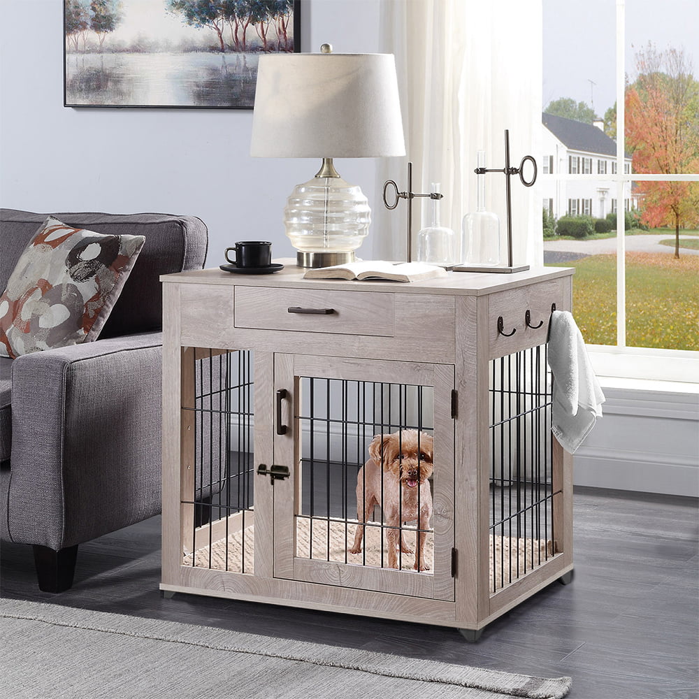 Unipaws Dog Crate with Drawer， Furniture Style Pet Kennels with Double Doors and Cushion