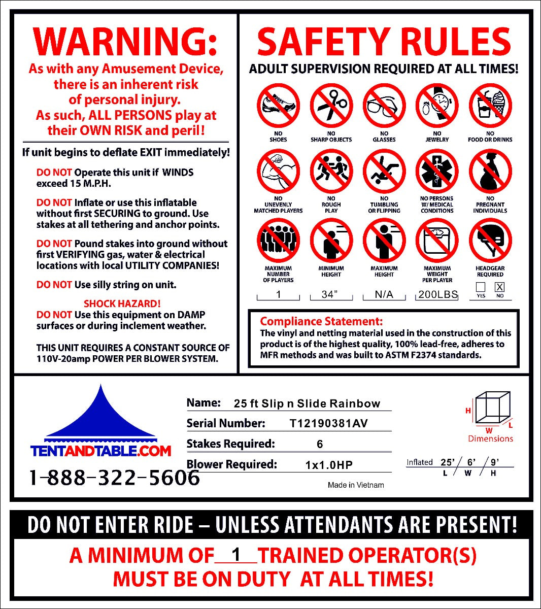 TentandTable Commercial Inflatable Slip n Slide， Blue Marble with Blower， 25'