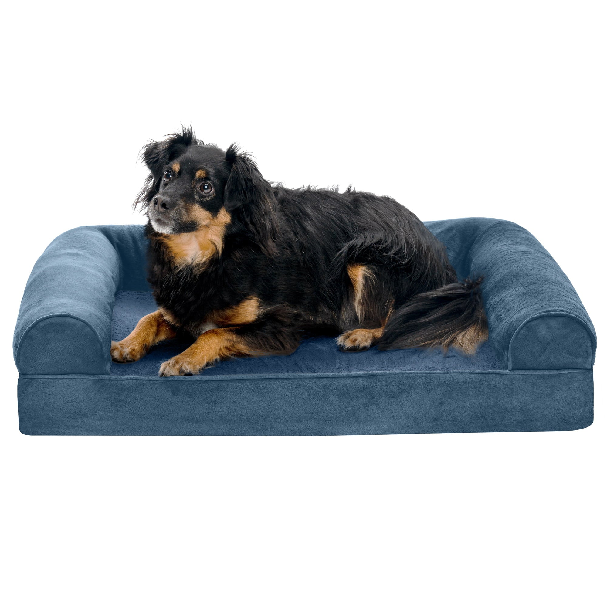 FurHaven | Orthopedic Faux Fur and Velvet Sofa Pet Bed for Dogs and Cats， Harbor Blue， Medium