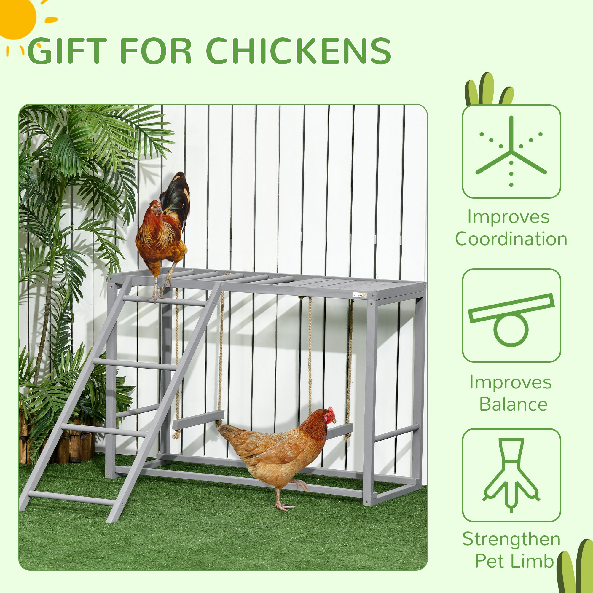PawHut Chicken Activity Play with Swing Set for 3-4 Birds， Wooden Chicken Coop Accessory with Multiple Chicken Perches and Hen Ladder