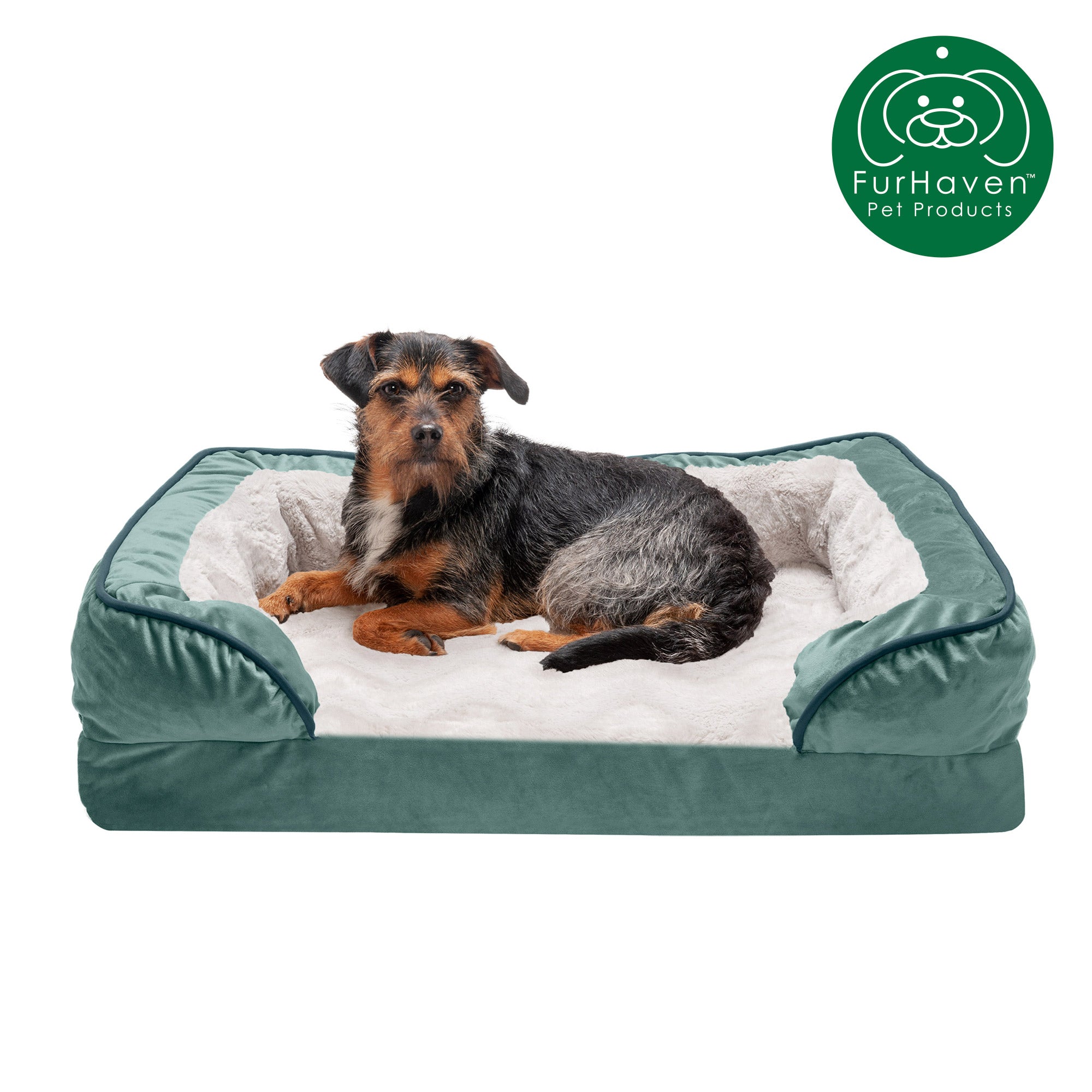 FurHaven Pet Products | Memory Foam Perfect Comfort Velvet Waves Sofa-Style Couch Pet Bed for Dogs and Cats， Celadon Green， Medium