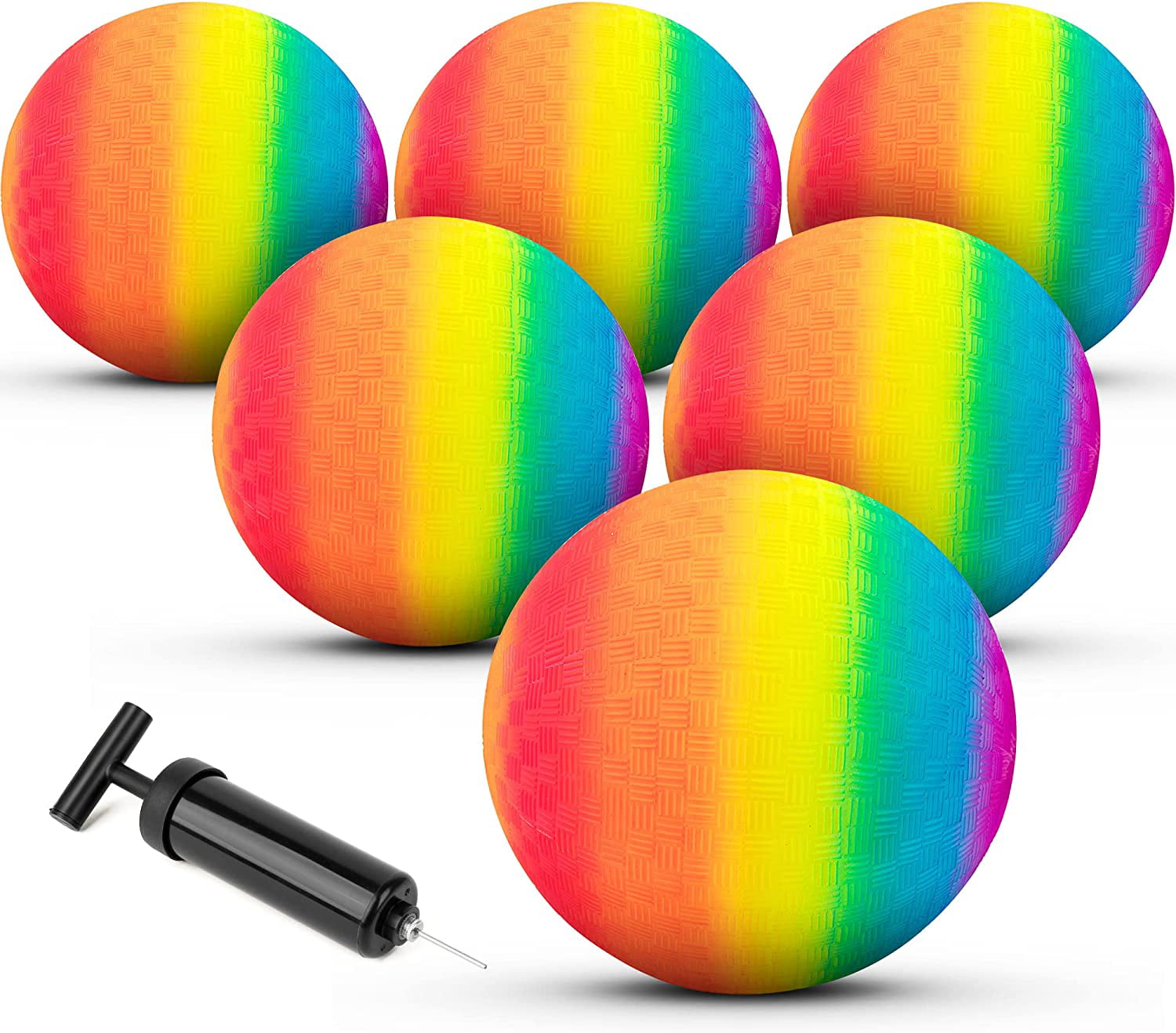 Homotte 6 Pcs Rainbow Playground Balls for Kids， 5 Inch Kickball Dodgeball Handball Set for Indoor and Outdoor Activities with Hand Pump