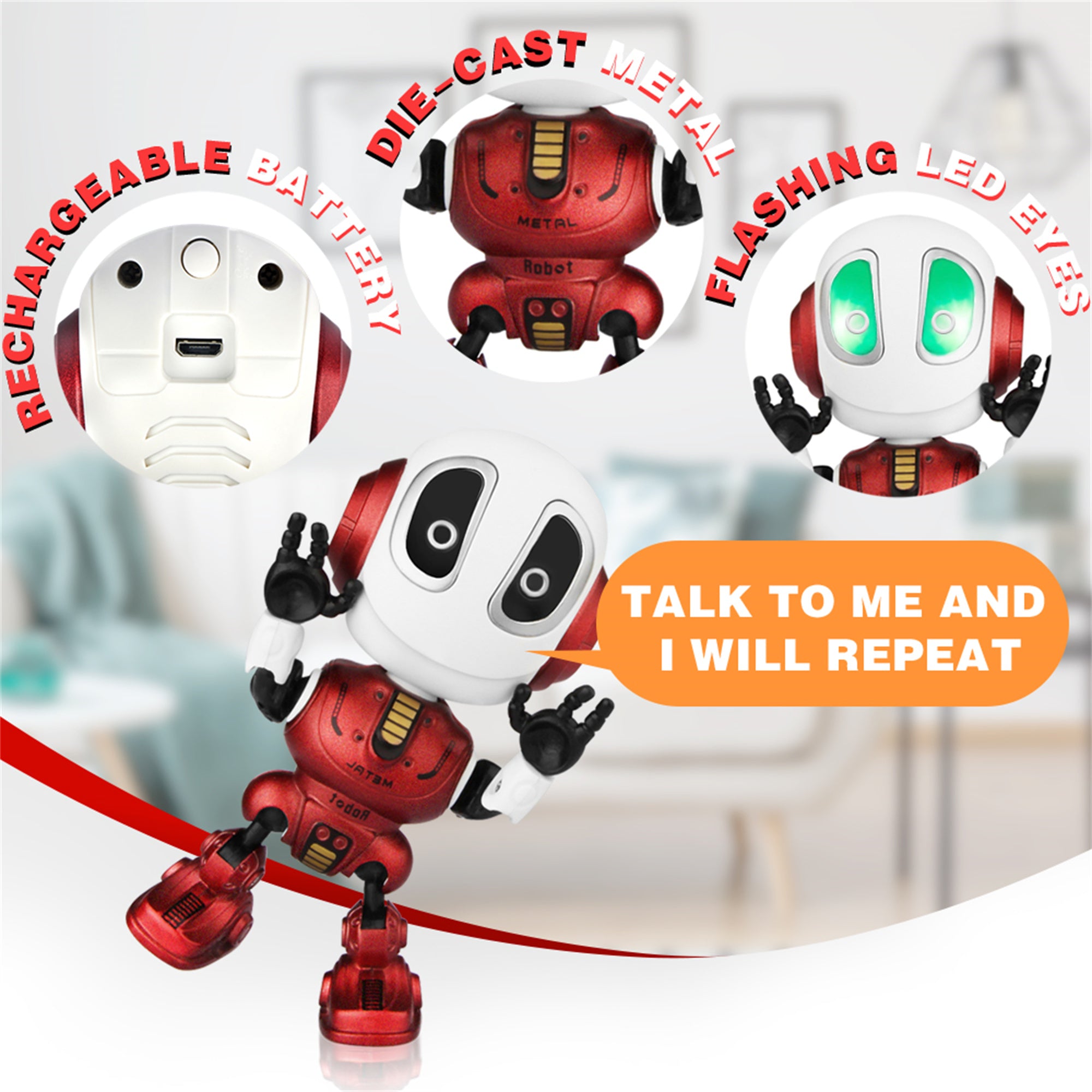 Wupuaait Talking Robot Toy for 3-9 Y Kids with Flexible Body and LED Lights， Red