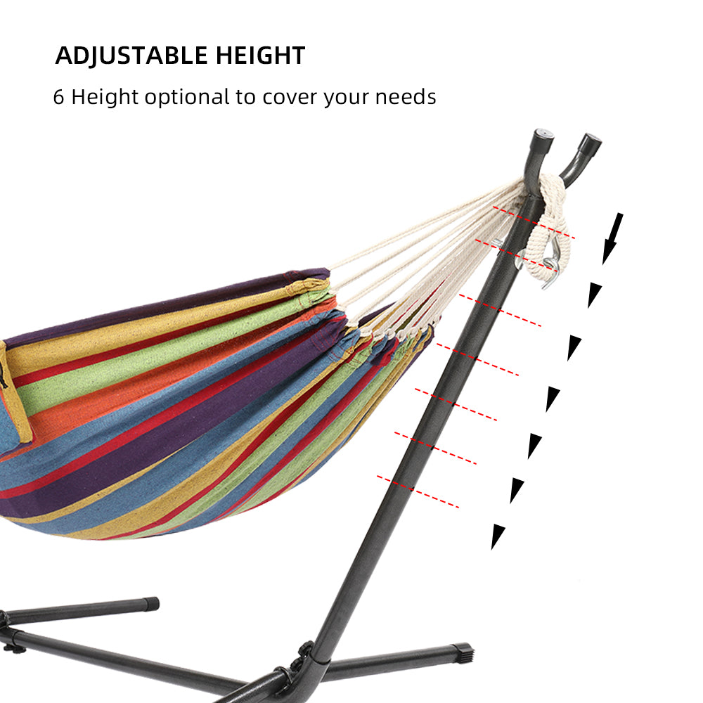 ONCLOUD 9 FT Heavy Duty Steel Stand with Double Hammock w/ Carrying Case,Pillows,Cup Holders for Outdoor or Indoor,Rainbow Stripe
