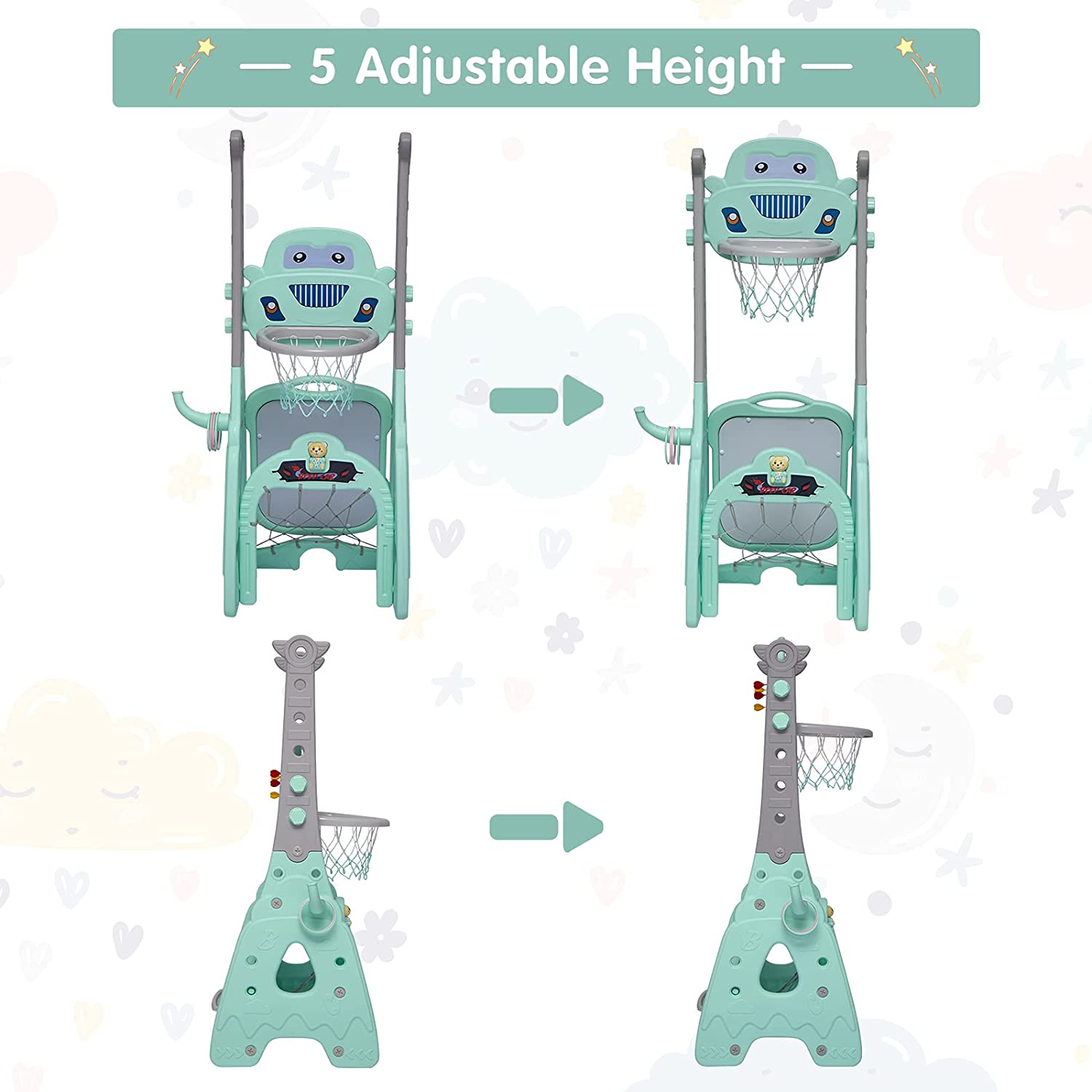 Kinbor Kids 7 in 1 Basketball Hoop Set  with Soccer Goal， Music Box for 3-7 BoysandGirls