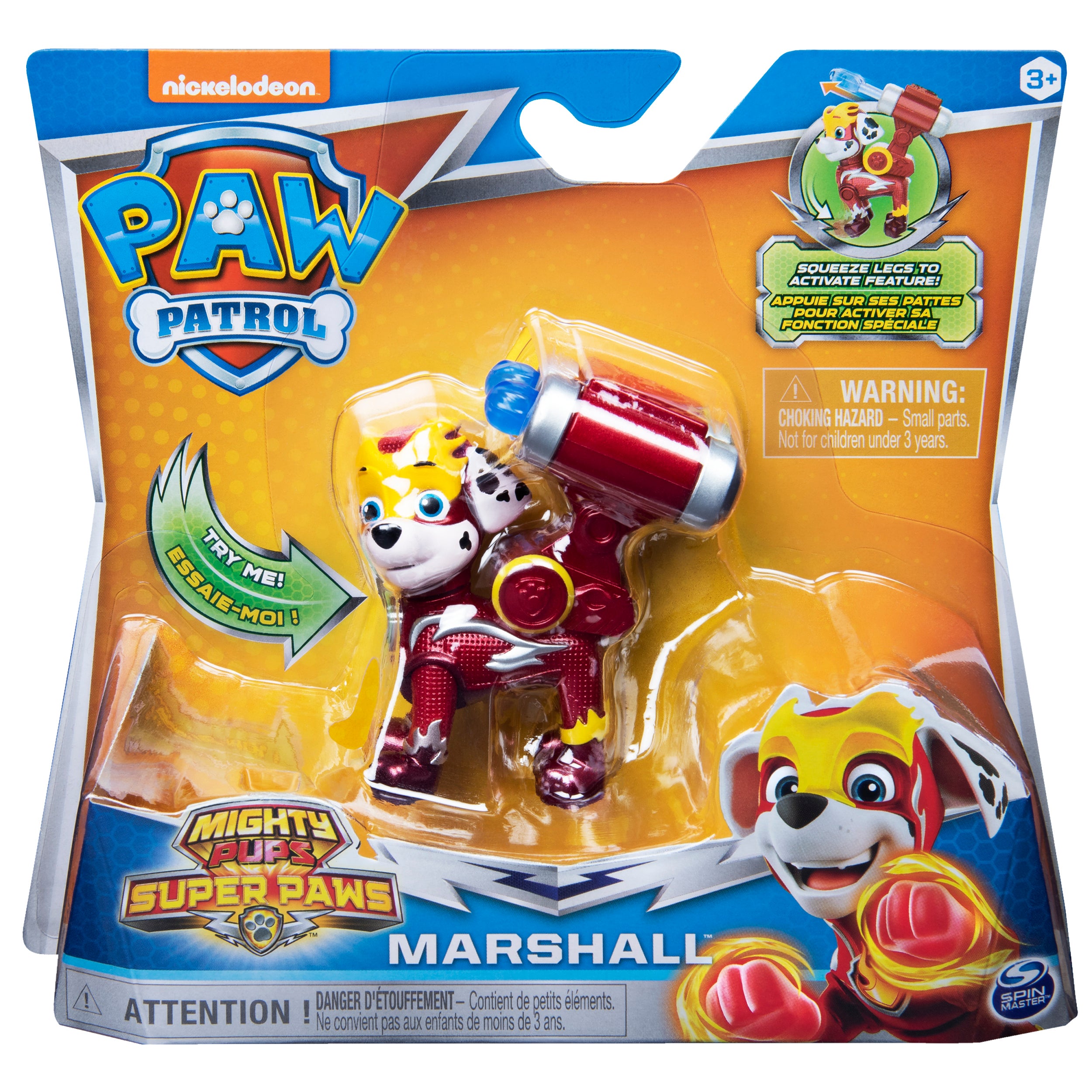 PAW Patrol， Mighty Pups Super PAWs Marshall Figure with Transforming Backpack， for Kids Aged 3 and Up
