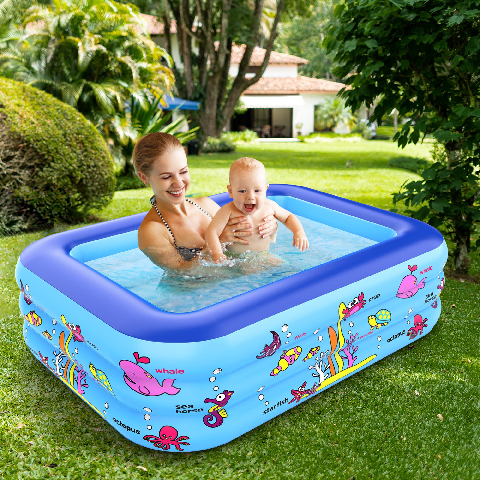 Growsly Summer Pool For Kid 3 Rings Large Inflatable Rectangle Swim Pool， Inflatable Swim Pool， 59