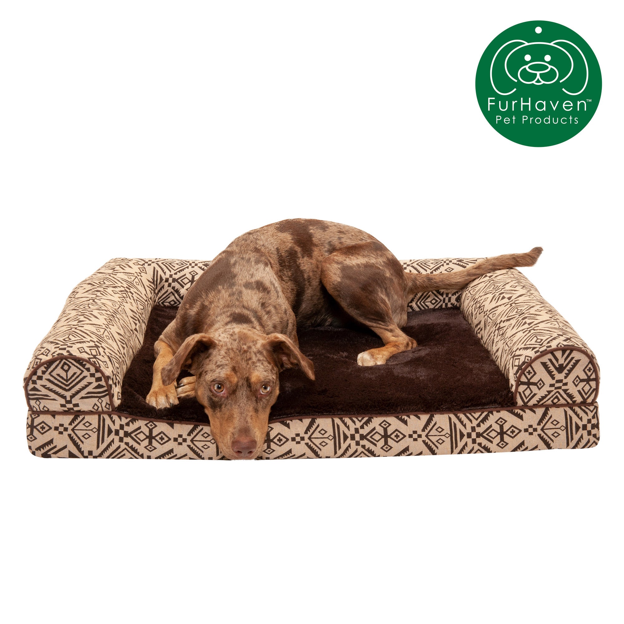 FurHaven Pet Products | Memory Foam Southwest Kilim Sofa-Style Couch Pet Bed for Dogs and Cats， Desert Brown， Large