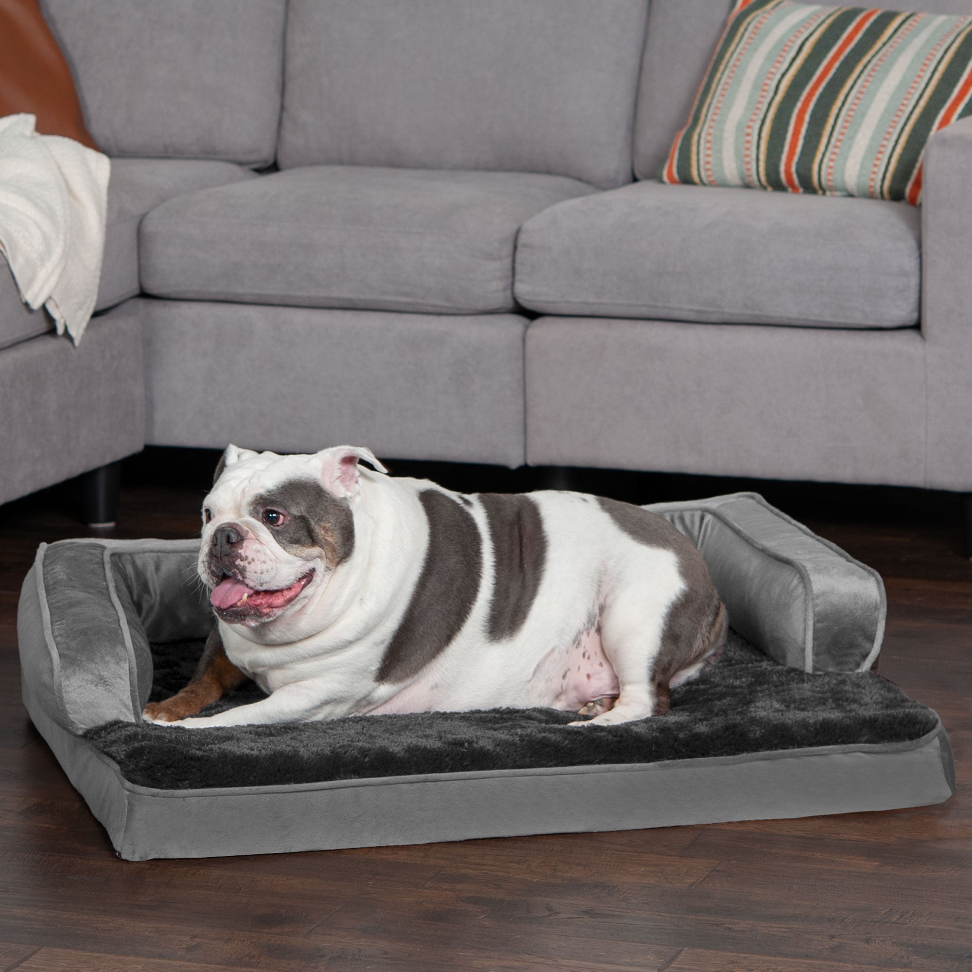FurHaven Pet Products | Cooling Gel Memory Foam Orthopedic Plush and Velvet Comfy Couch Sofa-Style Pet Bed for Dogs and Cats， Dark Gray， Large