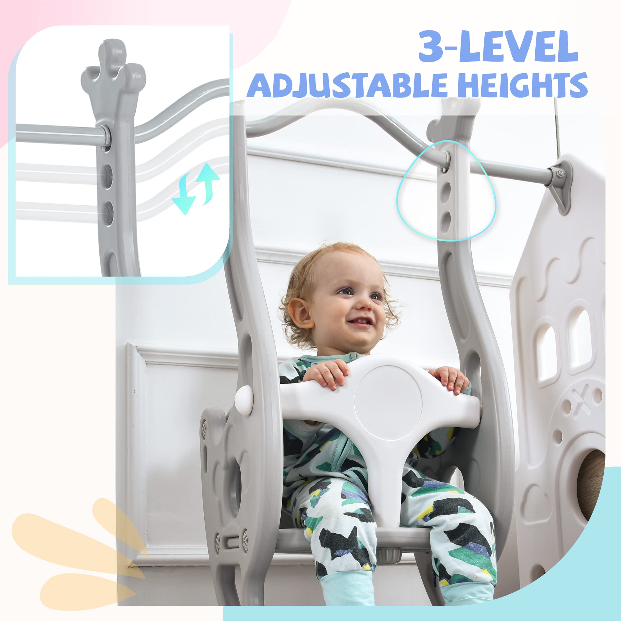 KAINSY Baby Swing for Infants Toddler Kids Age 6 months to 4 Years， Indoor Outdoor Toddler Swing Set with 3 Adjustable Height and Stand， Max Load 121lbs