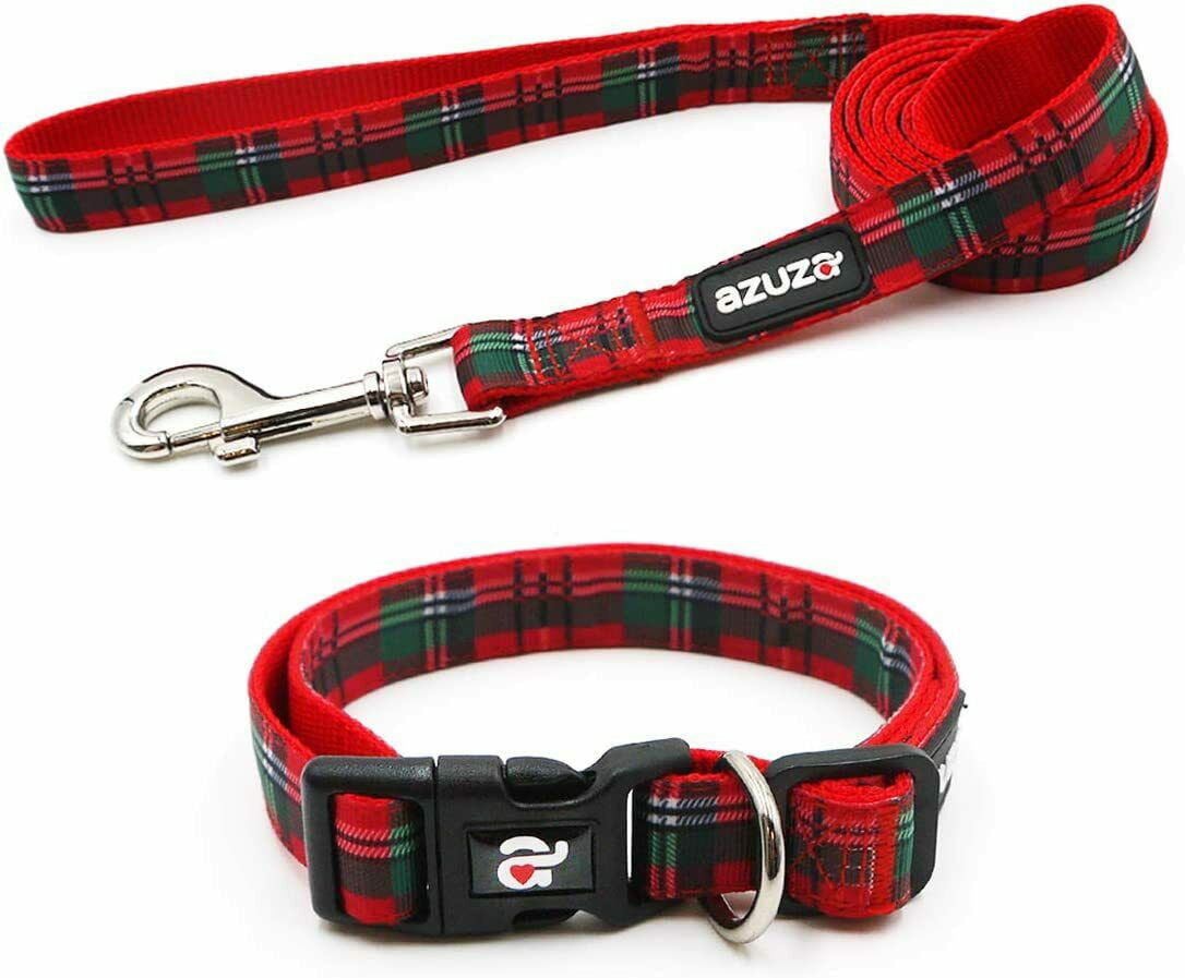 azuza Christmas Dog Collar and Leash Set， Buffalo Plaid Dog Collar with Matching Leash for Small Medium Large Dogs， Great for Christmas， New Year， Festivals and Daily Use