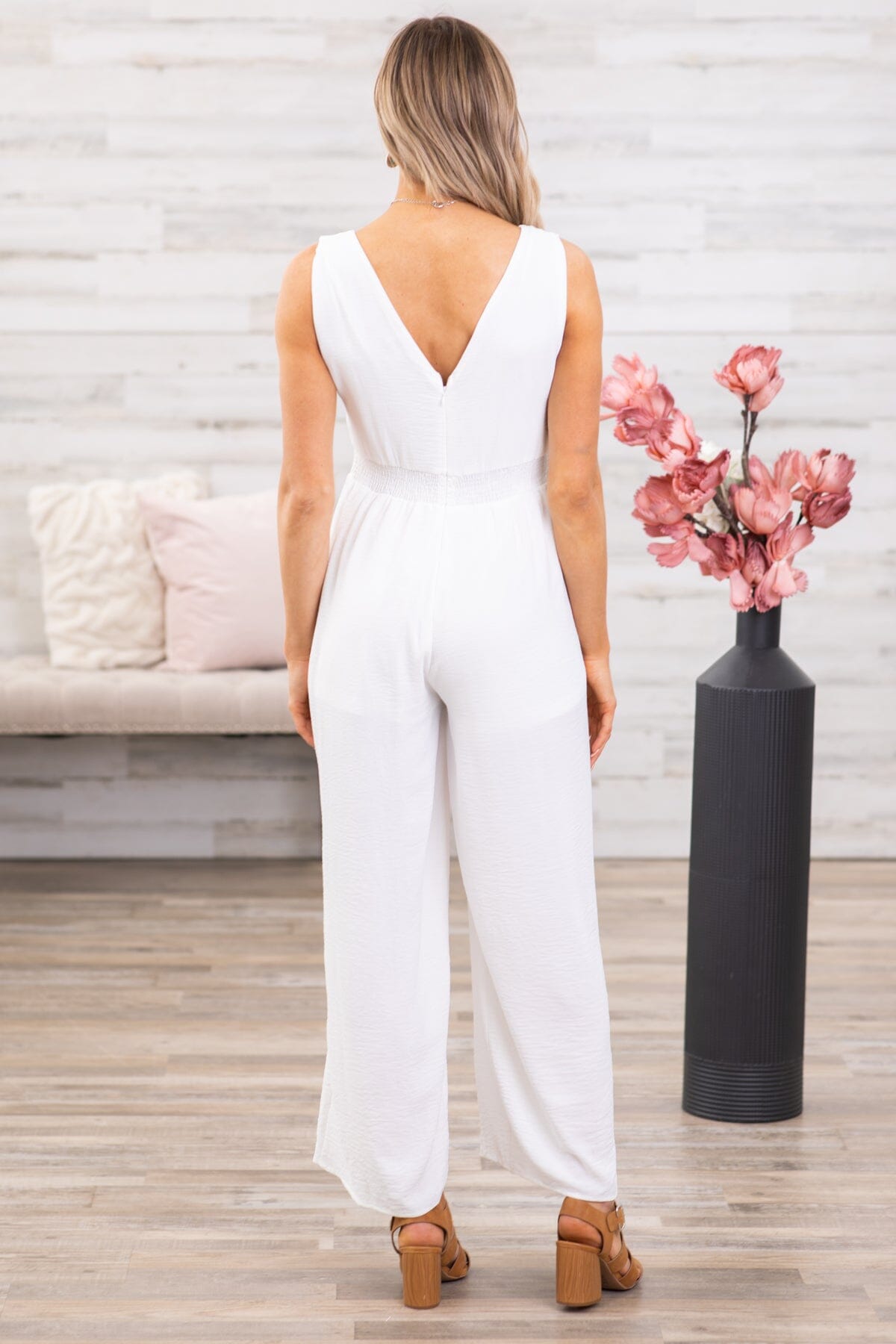 Off White Smocked Waist Double V-Neck Jumpsuit