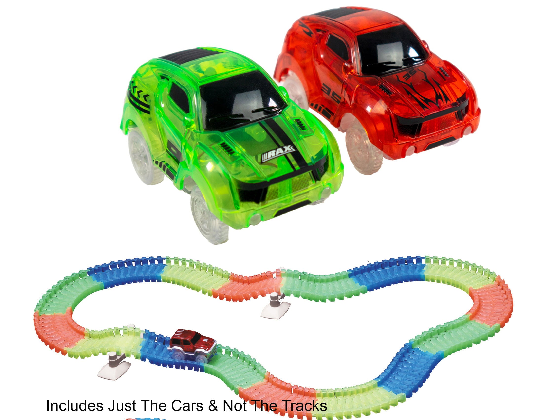 2 Magical Twister Flexible Glow In the Dark Race Car Track Vehicles - New Turbo Race Cars Addon Set