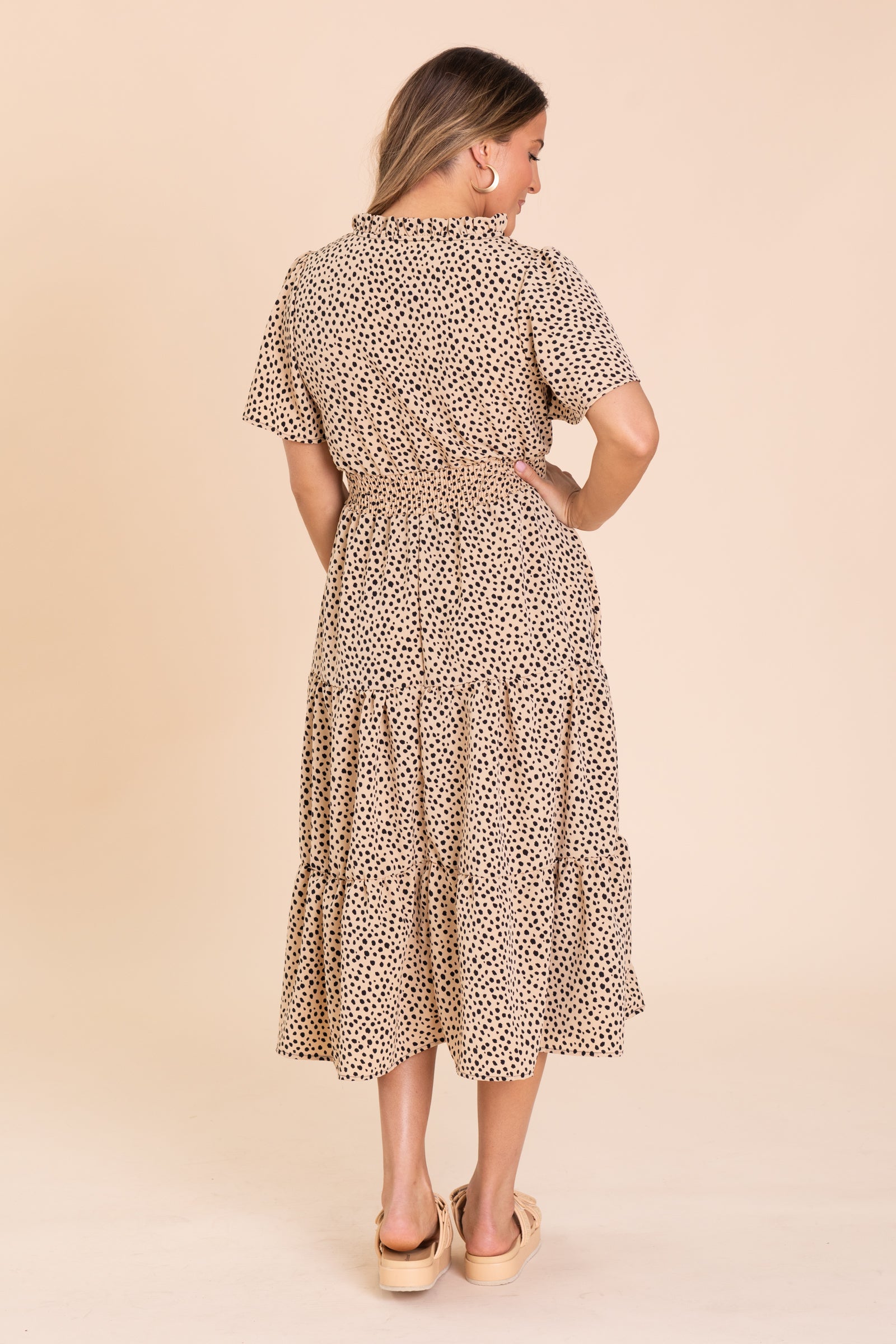 Tan Fit And Flare Smocked Spring Midi Dress