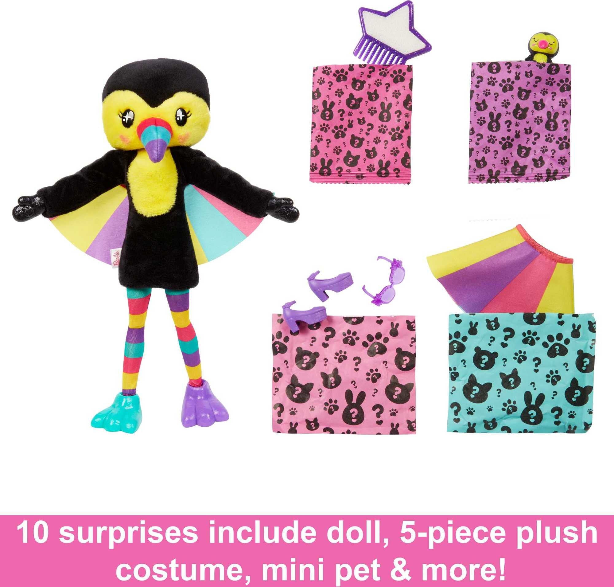 Barbie Cutie Reveal Jungle Series Fashion Doll with Toucan Plush Costume, Mini Pet & Accessories