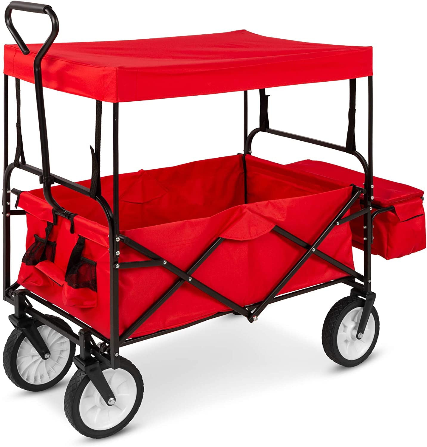 Folding Utility Cargo Wagon Cart w/Removable Canopy， Cup Holders - Red
