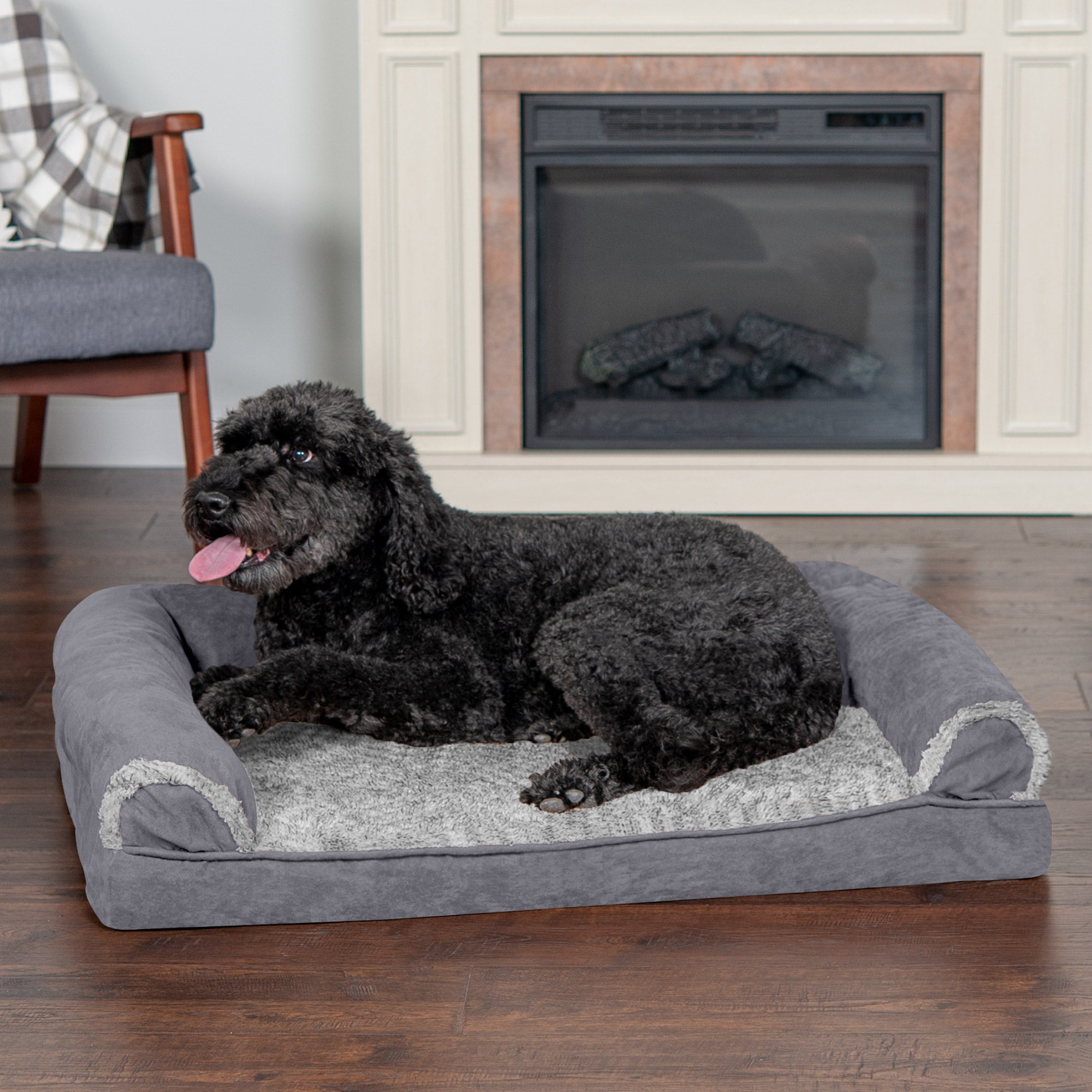 FurHaven Pet Products | Memory Foam Two-Tone Faux Fur and Suede Sofa-Style Couch Pet Bed for Dogs and Cats， Stone Gray， Large