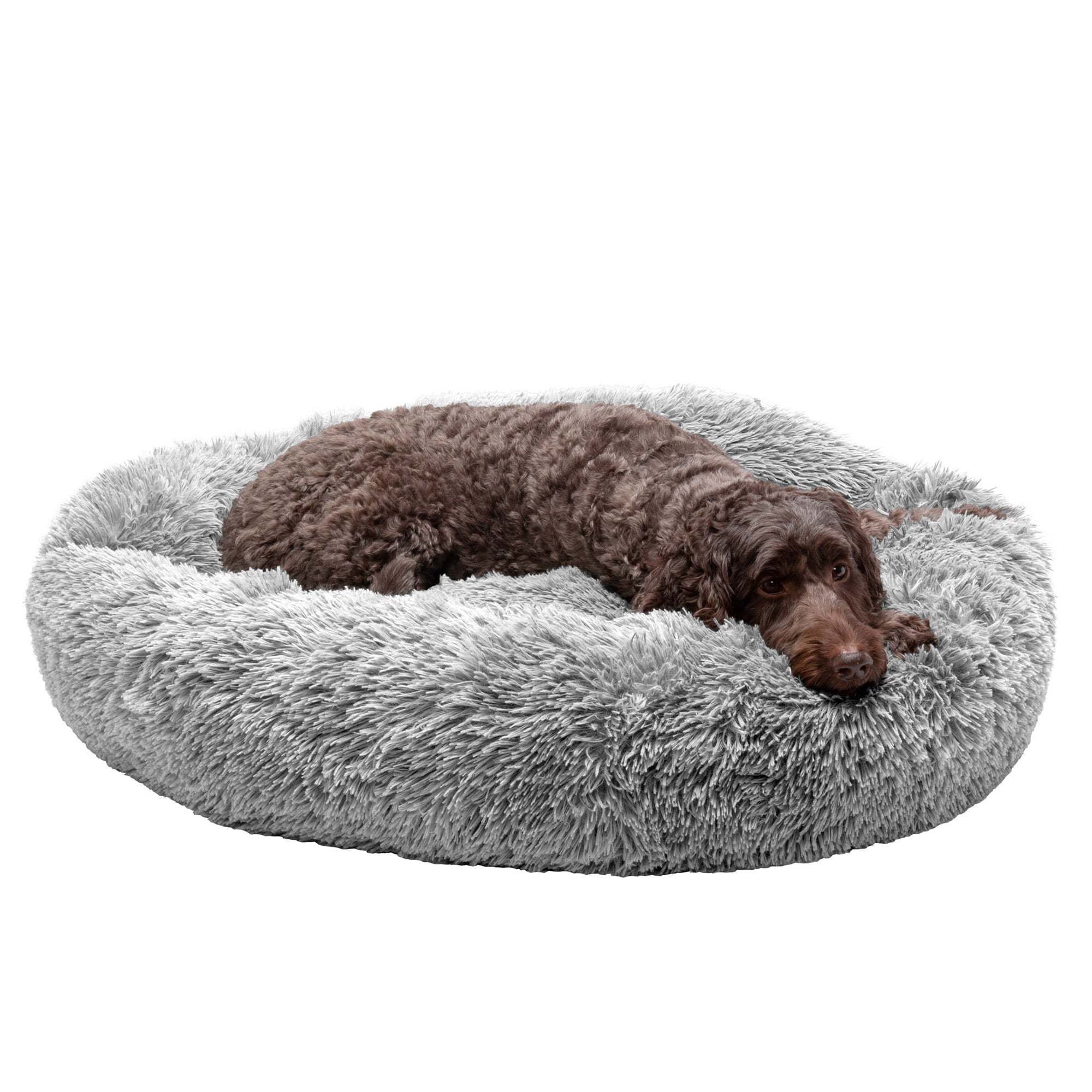 FurHaven | Calming Cuddler Long Fur Donut Pet Bed for Dogs and Cats， Mist Gray， Large