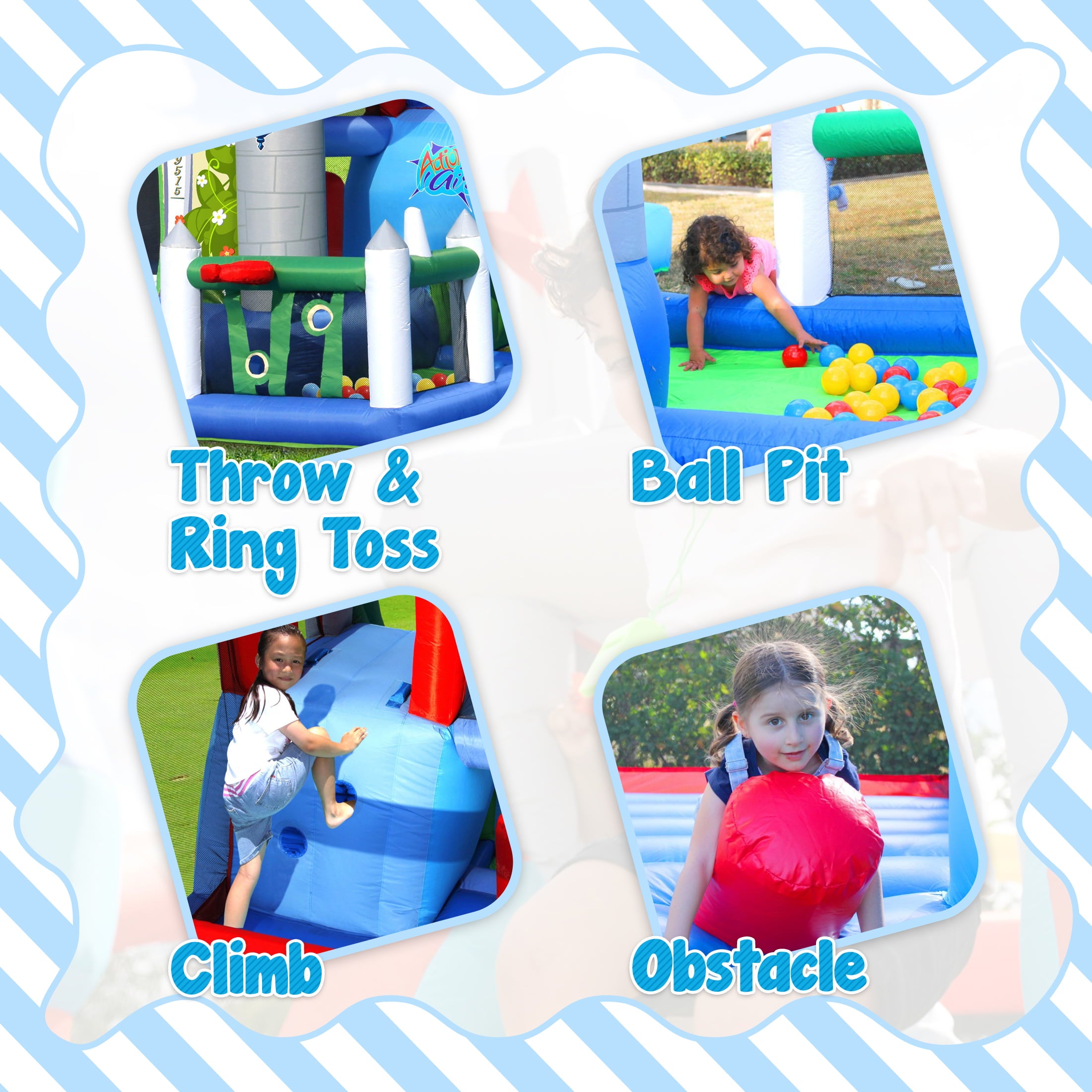 Action Air Bounce House， Inflatable Bouncer with 30 Pit Ball， Bouncy Castle with Blower for Kids 3-10 Years