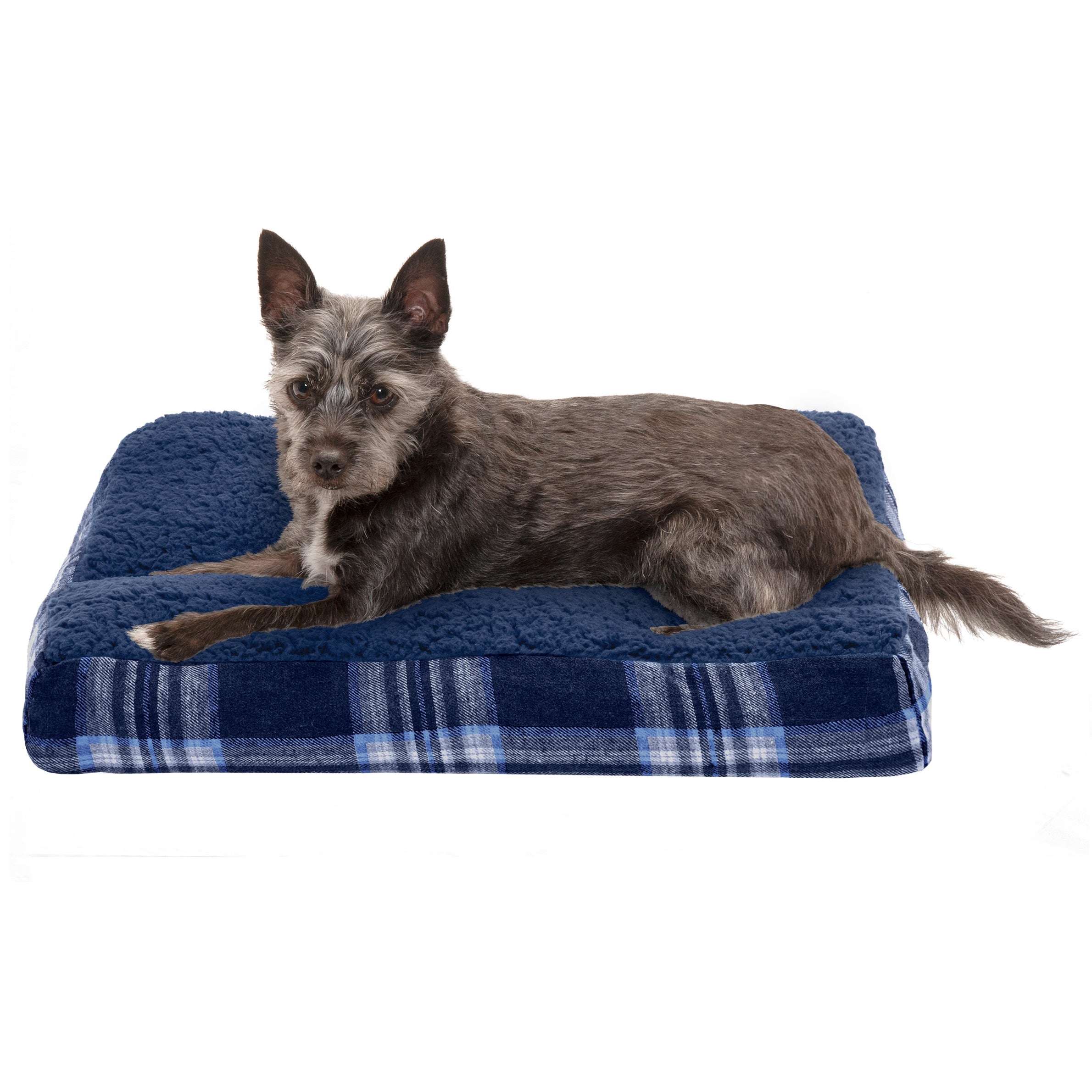 FurHaven | Deluxe Faux Sheepskin and Plaid Pillow Pet Bed for Dogs and Cats， Midnight Blue， Small