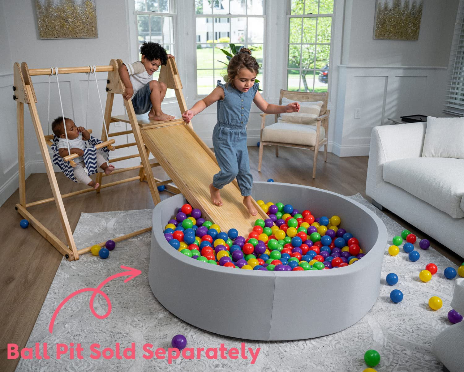 Avenlur Juniper Montessori Toddler Playset Indoor Playground Folding Gym， Interchangeable Baby/Toddler Swing 5 in 1 Multifunctional Foldable， Ladder Climber， Slide， Rock Climbing Kids Ages 1yr - 5yrs