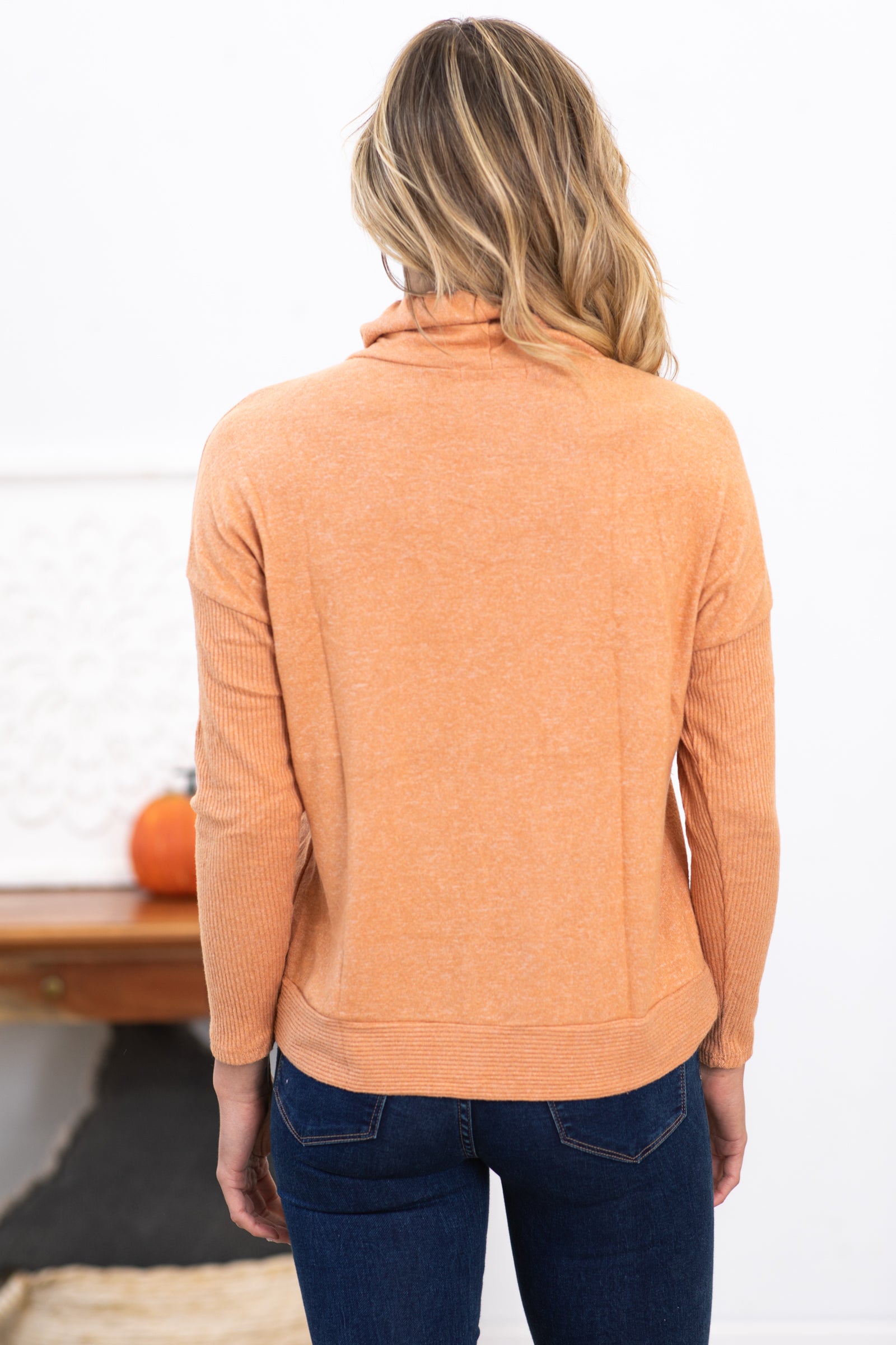 Orange Cowl Neck Top With Kangaroo Pocket
