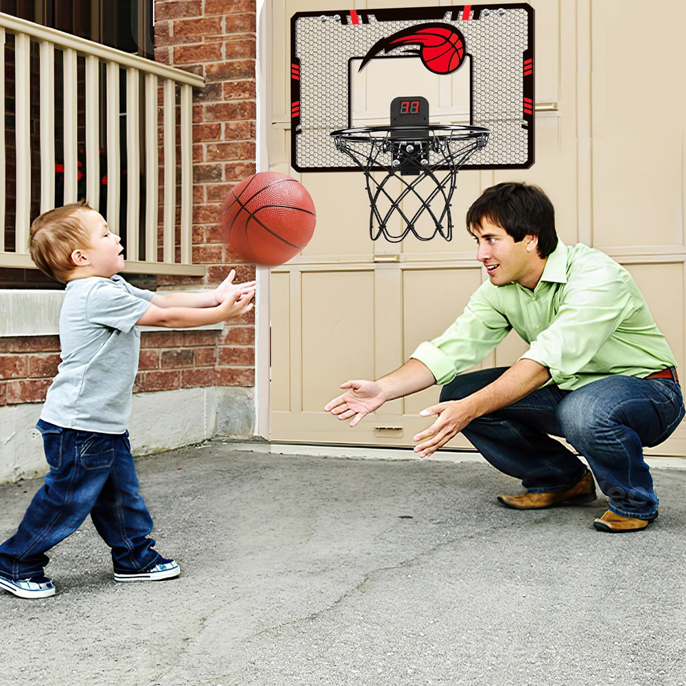 LAYADO Kids Mini Basketball Hoop Set Electronic Score Record and Sounds， Basketball Hoop over The Door with 3 Balls， Hand Pump basketball backboard Toy Gifts Indoor and Outdoor
