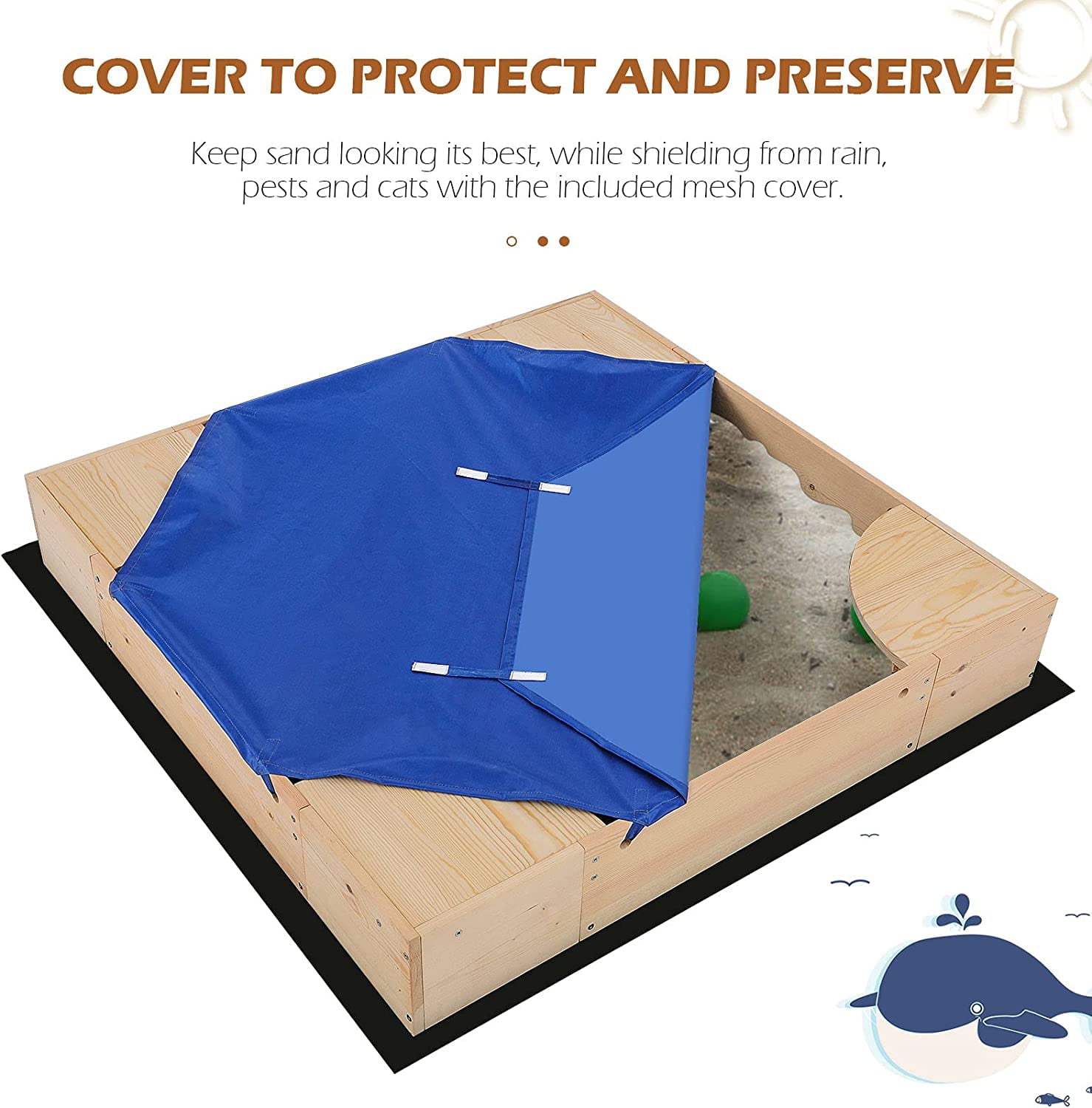 Arlopu Wooden Sandbox with Cover， Outdoor Kids Sandpit Box with 4 Built-in Corner Seats for Toddlers Age 2 to 8