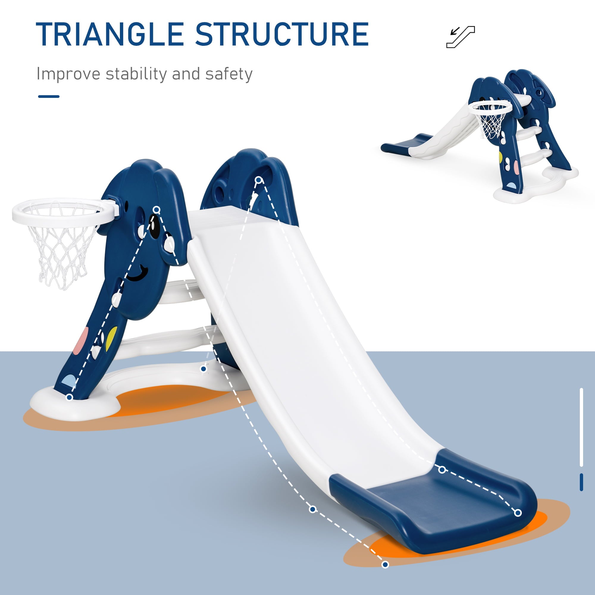 Qaba Indoor/Outdoor Kids Toy Slide with Triangle Design and Basketball Hoop， Blue， Child， HDPE