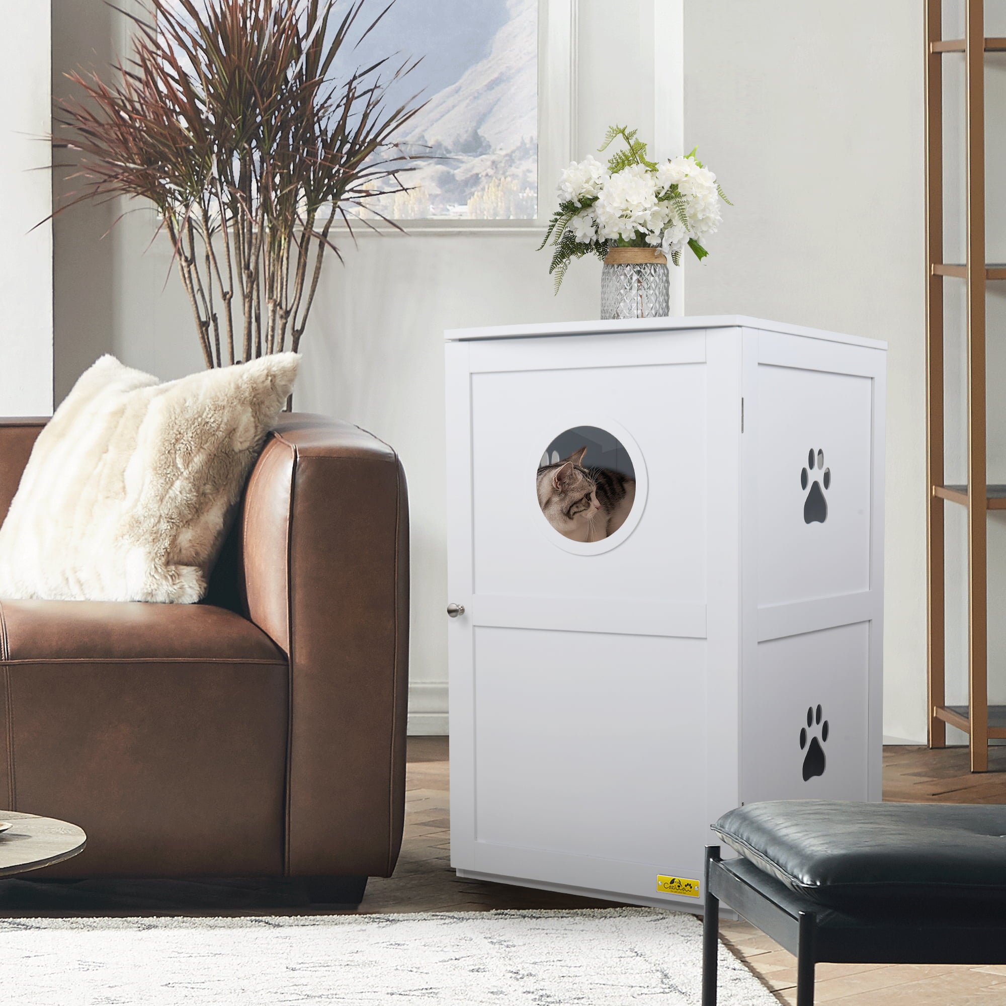 Coziwow 2-Story Cat Litter Box Enclosure Furniture Cat House Large Box Table， White