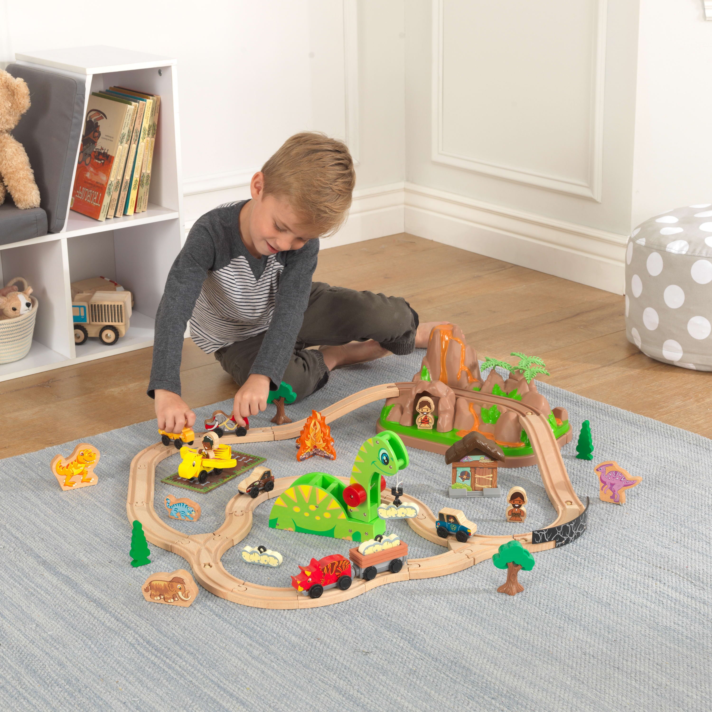 KidKraft Dinosaur Bucket Top Portable Wooden Train Set with 56 Pieces and 9 Feet of Track