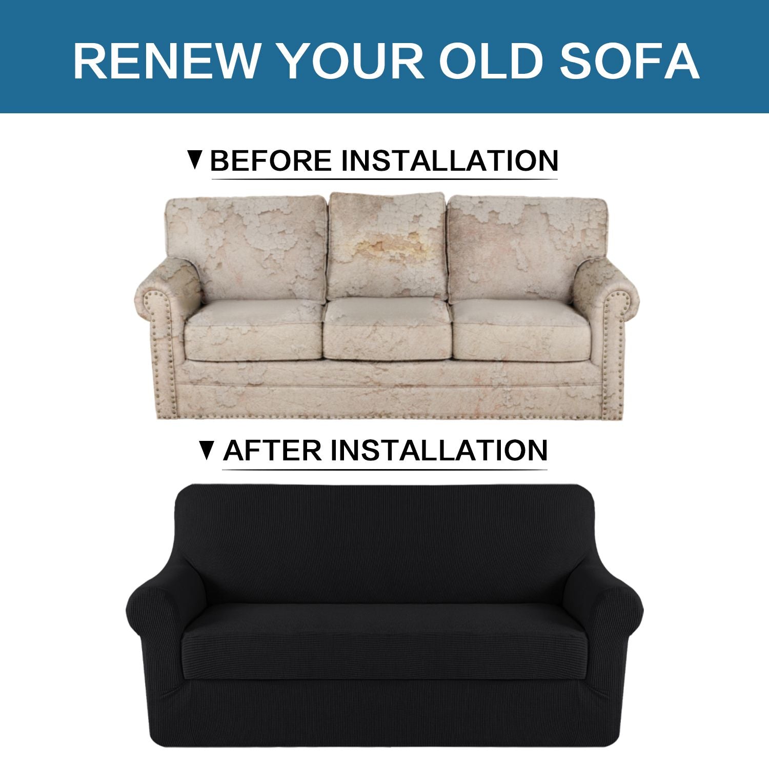 H.VERSAILTEX 2-Piece Jacquard Spandex Loveseat Stretch Slipcover, Black