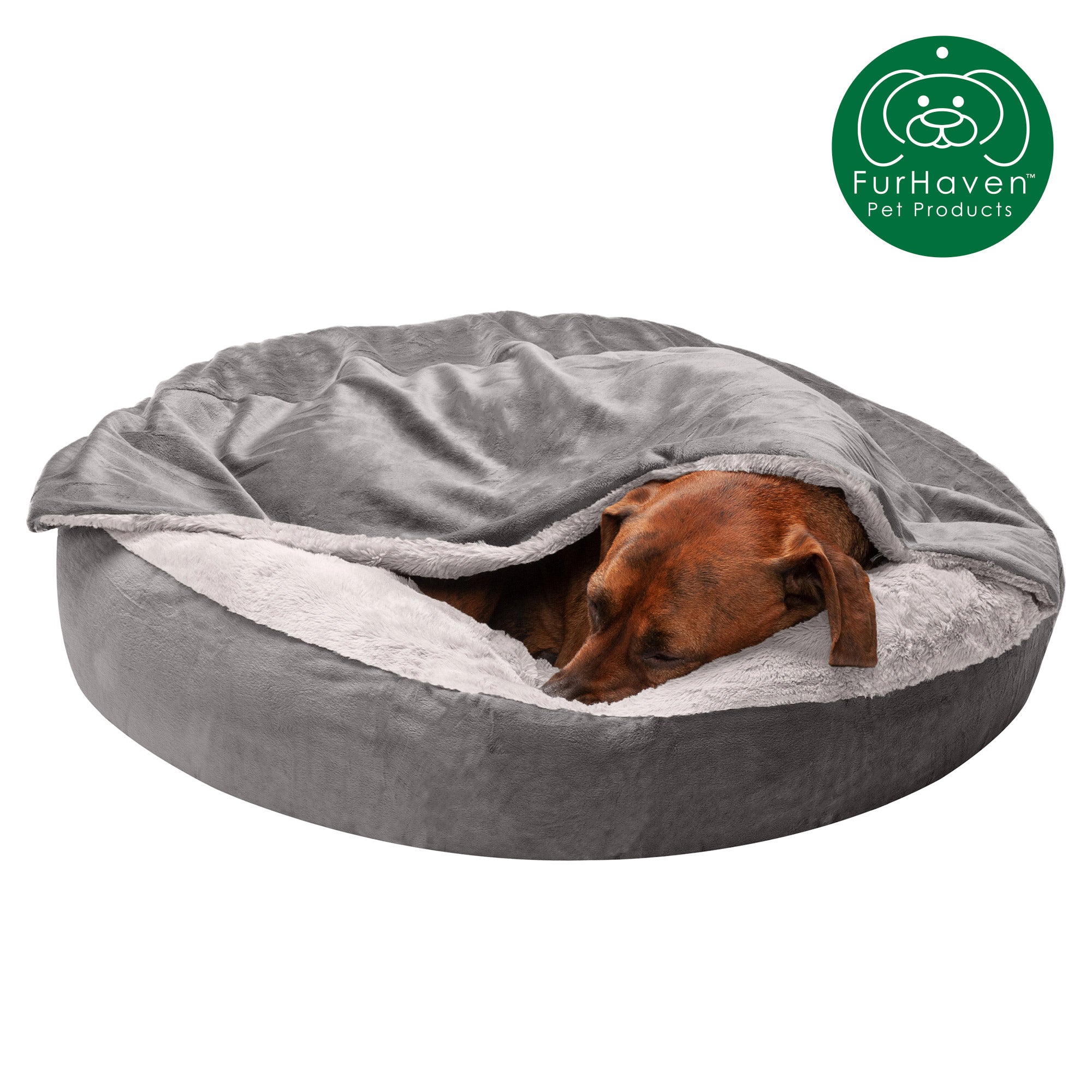 FurHaven | Wave Faux Fur and Velvet Hooded Donut Pet Bed for Dogs and Cats， Dark Gray， Medium