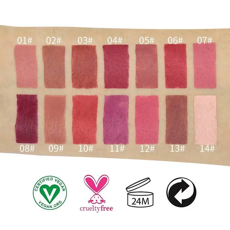 14 Color Vegan Makeup Pink Tube Matte Lipstick