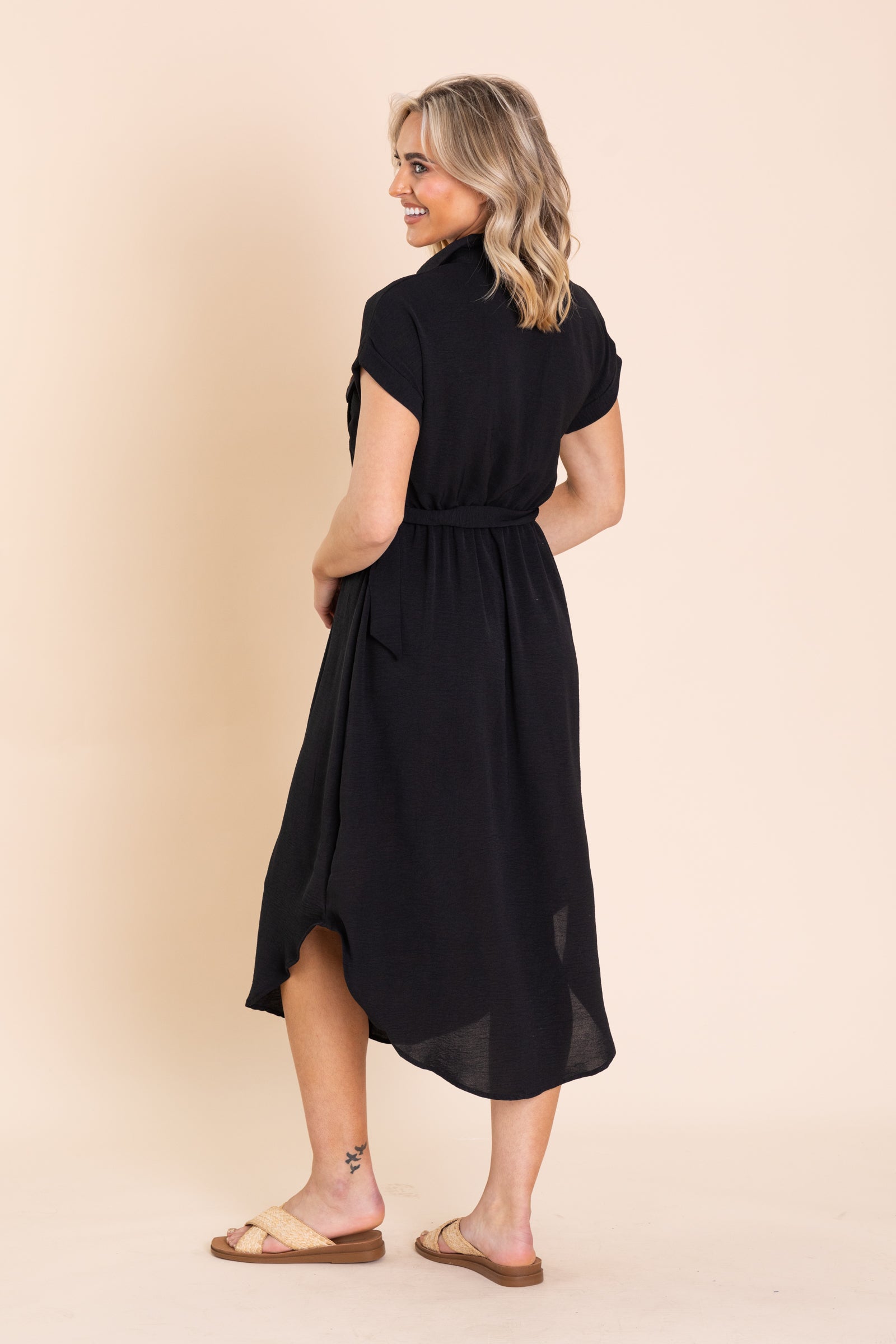 Black Collared Button Down Belted Midi Dress