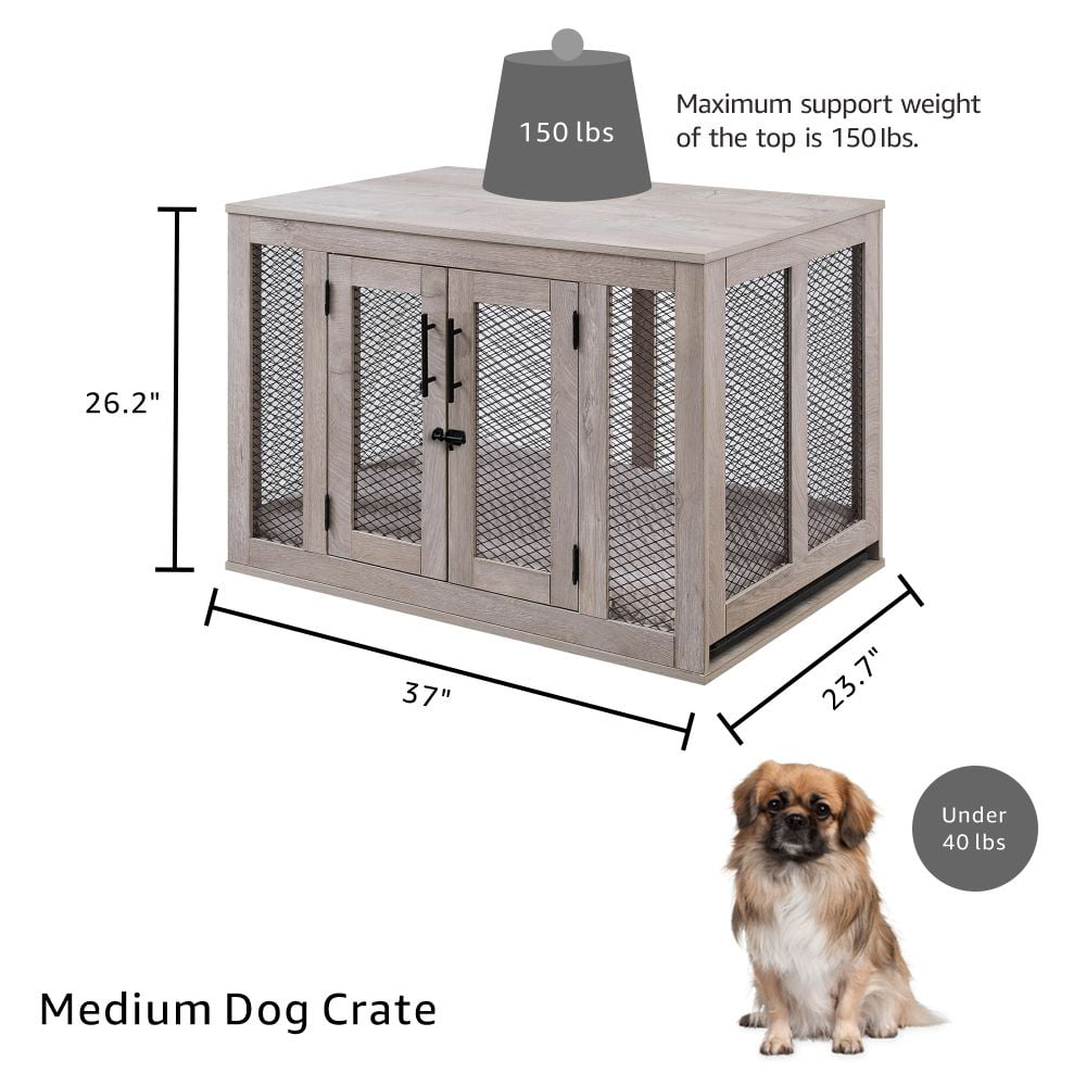Unipaws Dog Crate Furniture with Cushion and Tray， Wooden and Metal Dog Kennels， Medium Pet Kennel End Table Indoor