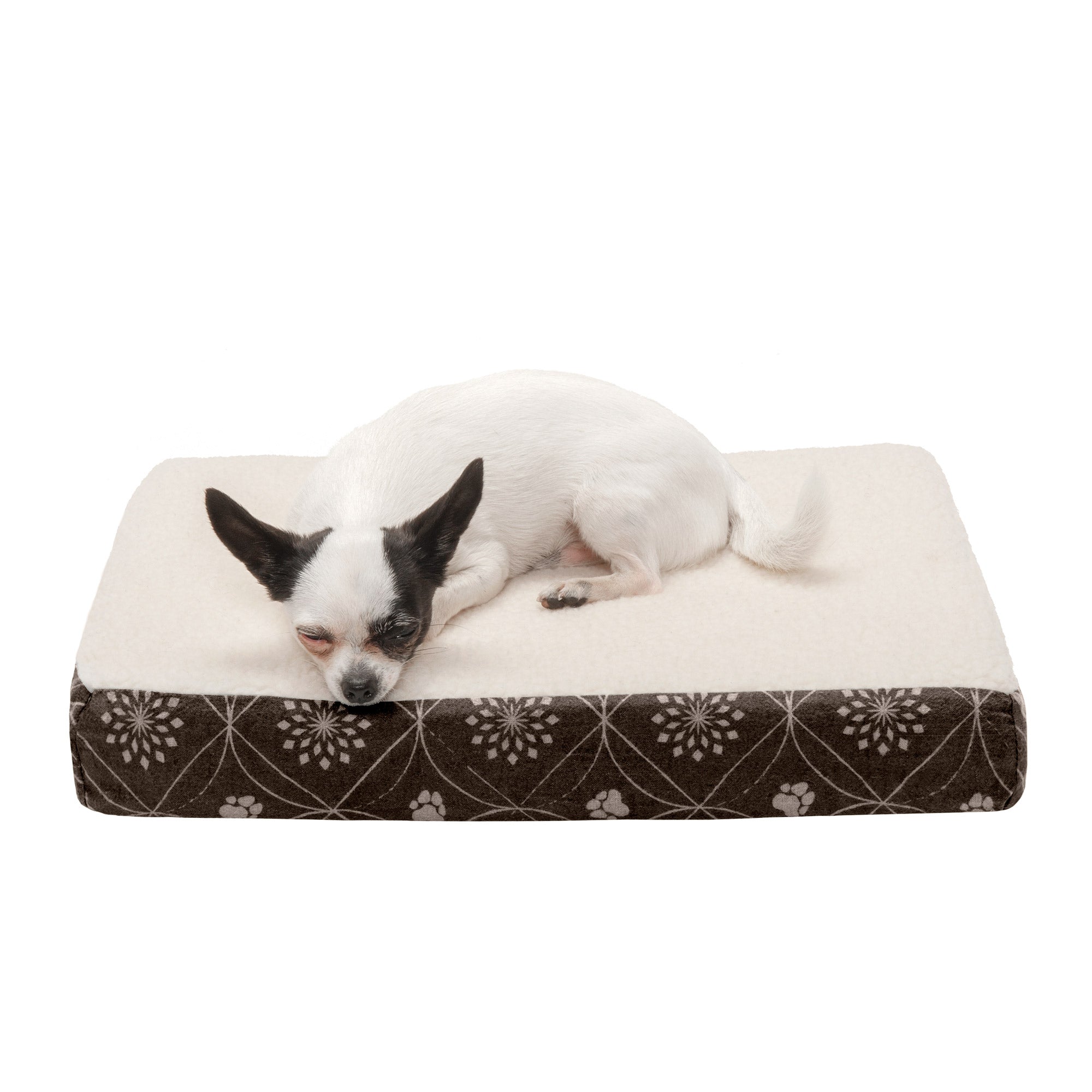 FurHaven Pet Dog Bed | Deluxe Memory Foam Faux Sheepskin and Flannel Paw Decor Print Mattress Pet Bed for Dogs and Cats， Dark Espresso， Small