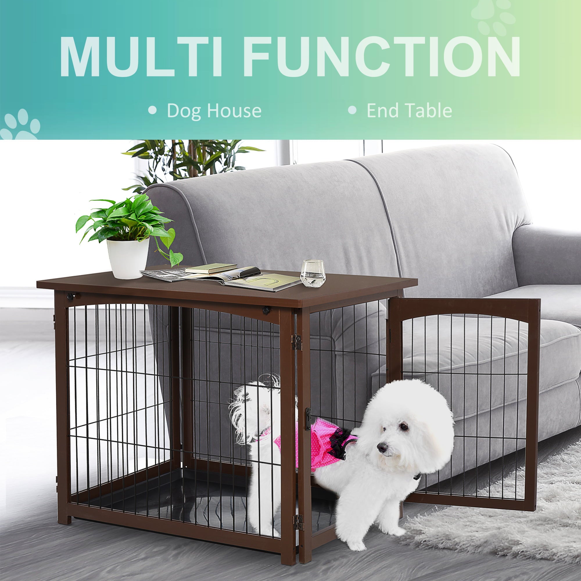 Pawhut Wooden Decorative Dog Cage Pet Crate Fence Side Table Small Animal House with Tabletop， Lockable Door， Brown