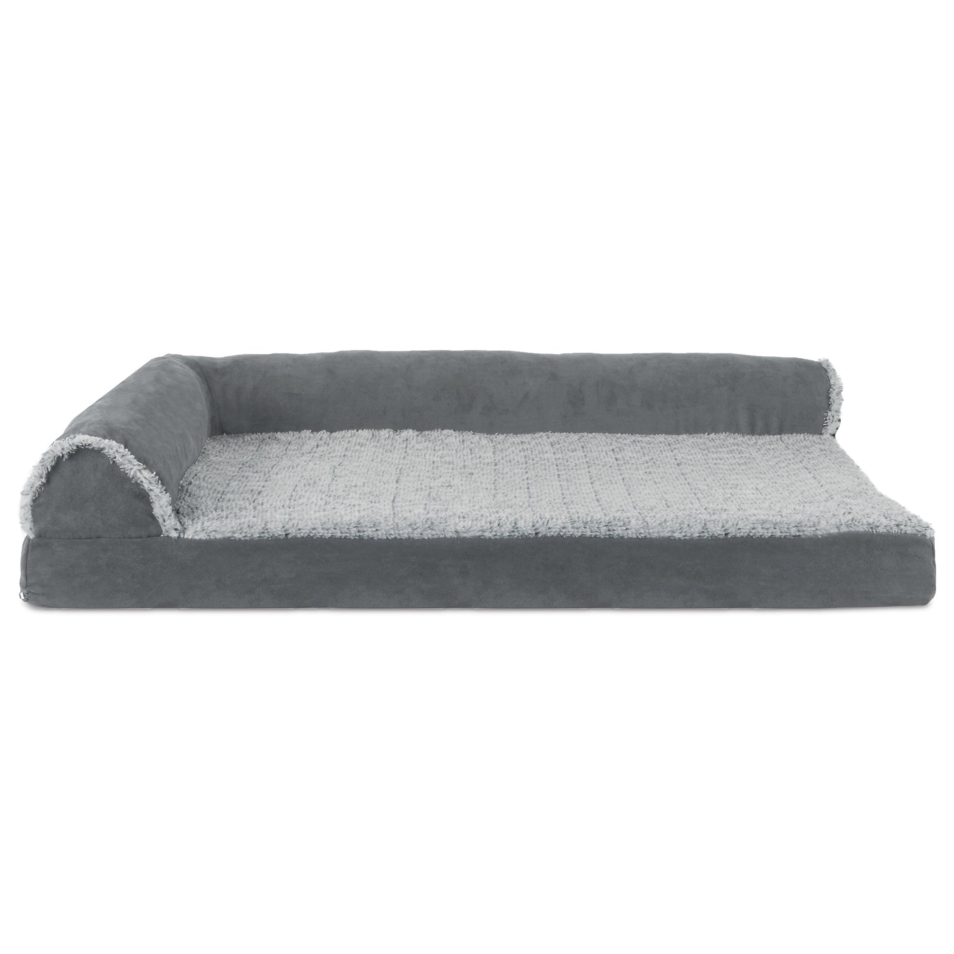FurHaven | Deluxe Orthopedic Faux Fur and Suede L-Chaise Lounge Pet Bed for Dogs and Cats， Stone Gray， Large
